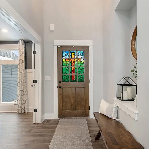 Miniatura 8 de Película cruzada para ventana, estilo vitral, colorida, cubierta de puerta, película de tintado de ventana para baño, dormitorio y cocina, azul de