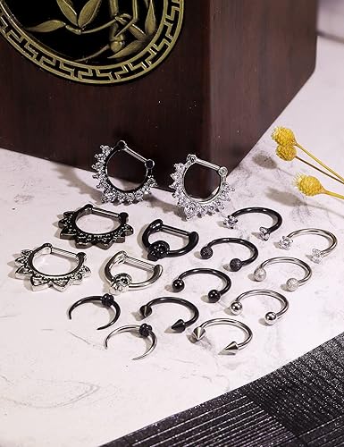 Miniatura 3 de Hoeudjo Piercing para el tabique clicker de acero quirúrgico 16G, joyería de piercing corporal con circonita cúbica transparente, para mujeres y