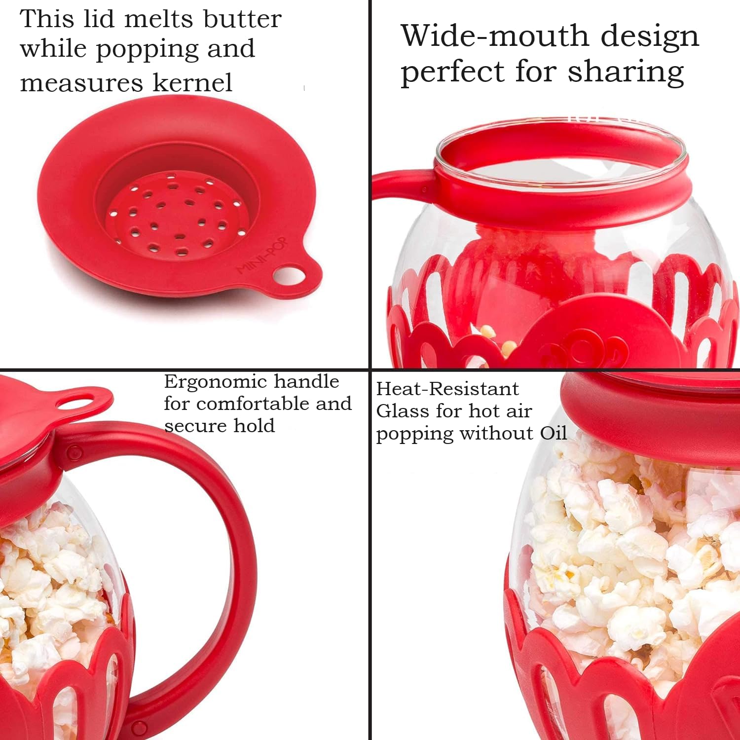 Mikrowellen-Popcorn-Popcorn-Popper, hergestellt aus Borosilikatglas, 3-in-1-Deckel, Silikon-Außenseite und Deckel sorgen für sicheren Halt, Mikrowellen-Popcorn-Macher, 1,5 l