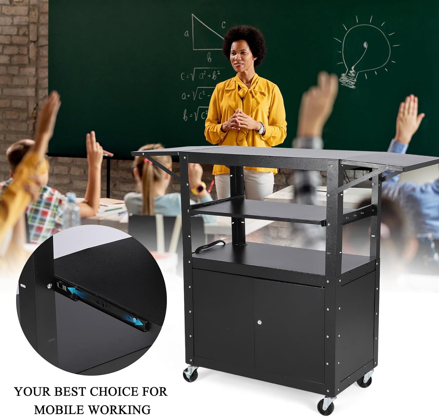 Black Steel Rolling AV Cart with Locking Cabinet and Extra Storage