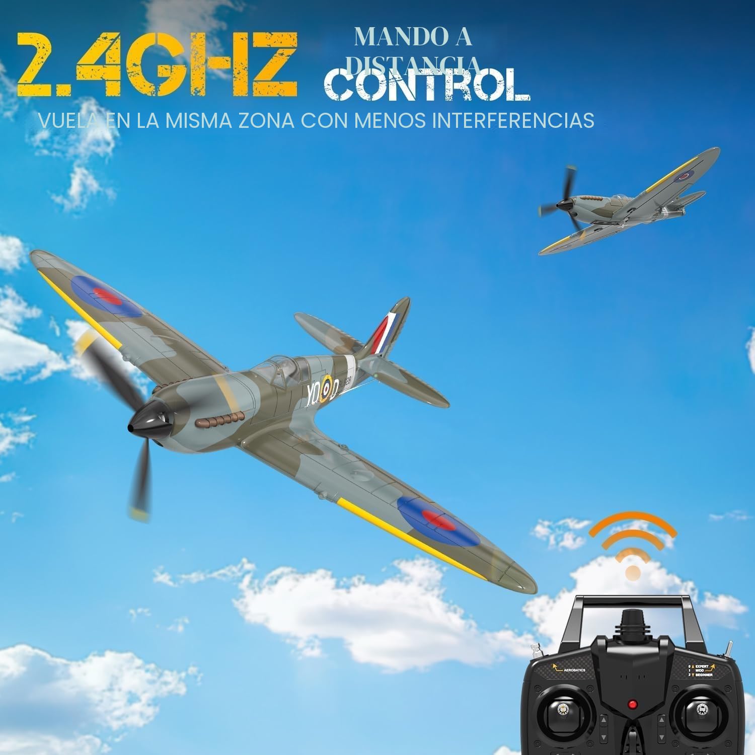 volantexrc Avión RC, Avión de Combate Spitfire V2 con Radio Control de 4 Canales RTF, con Alerones, Giroscopio, Acrobacias y 3 Modos para Vuelo Fácil, Aeronave para Hobby para Principiantes y Adultos