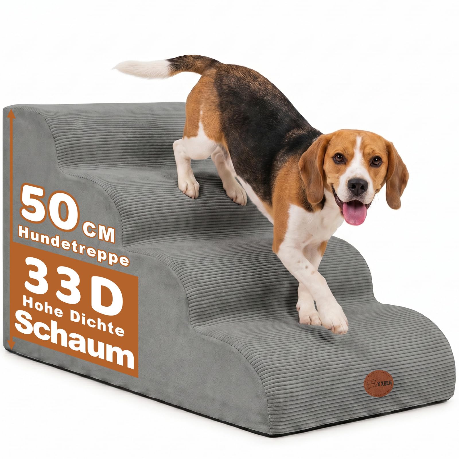X XBEN Escaliers pour Chiens Petits, Âgés et Blessés, Marches pour Animaux | Mousse Haute Densité 33D, Pente Douce, Housse Lavable, Adhérence, Antidérapant, pour Lit et Canapé, 4 Marches, 50 CM