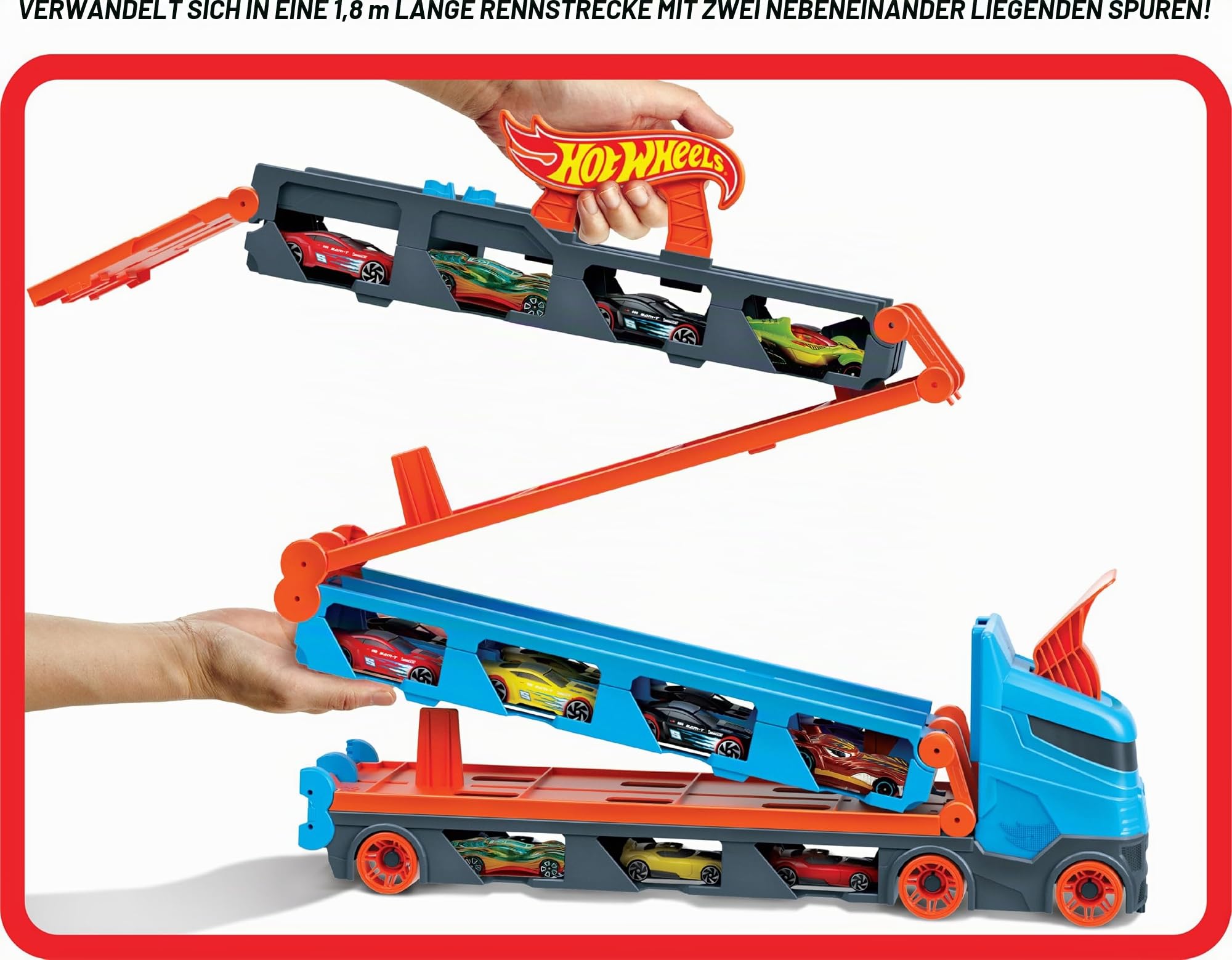 Hot Wheels 2:1 Autorennbahn zu Transporter, inkl. 3 Spielzeugautos, mit Doppelstarter, Auslösefunktion und Weiche, Platz für 20 Autos, Spielzeug ab 4 Jahre, GVG37