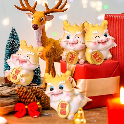 Miniatura 5 de BESPORTBLE 4 figuras de dragón de año nuevo chino 2024, estatua dorada del dragón del zodiaco chino 2024 año del dragón colección de decoraciones de