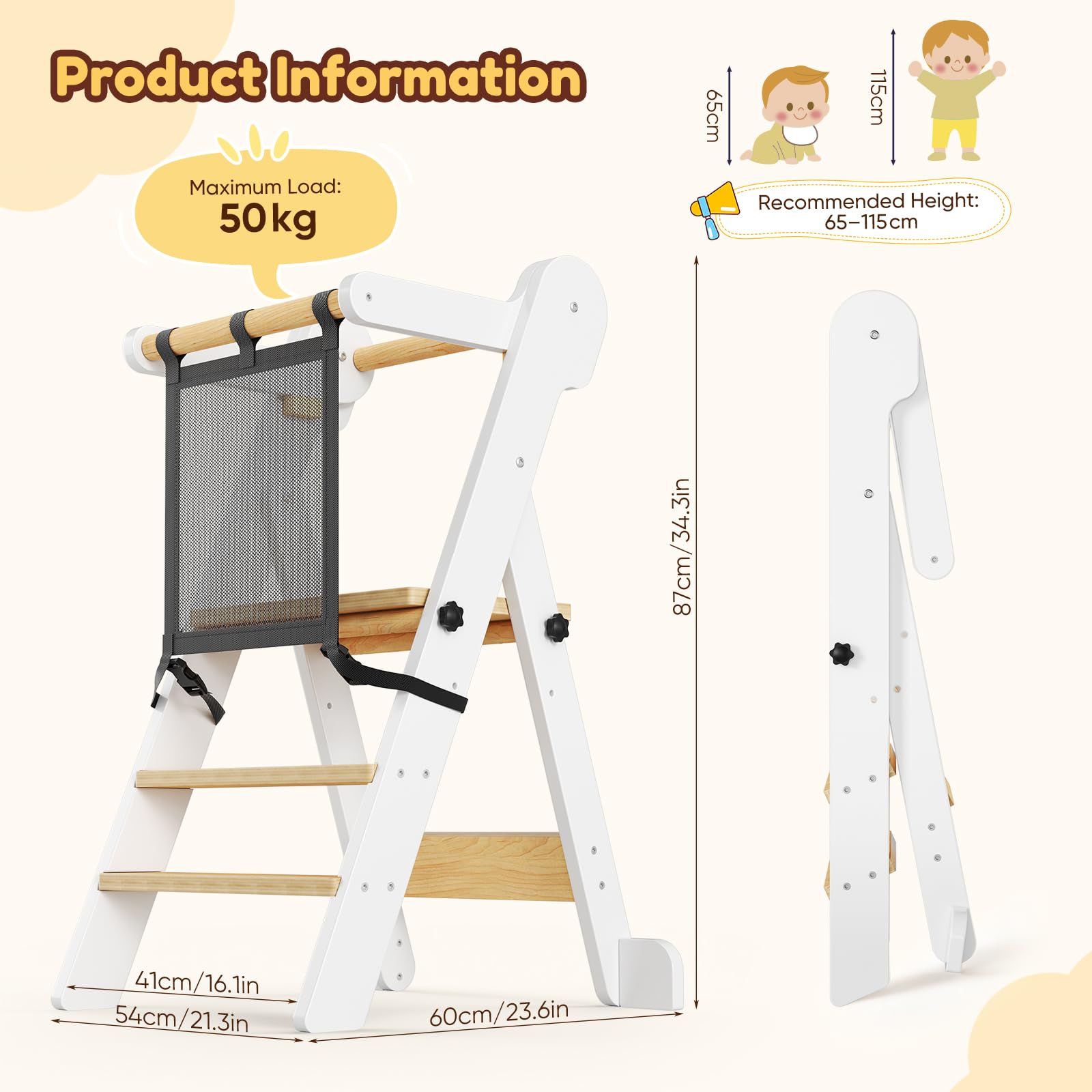 Tour d'apprentissage Montessori Réglable en Hauteur Pliable Anti-Bascule pour Enfants 18 Mois à 6 Ans Bois Naturel