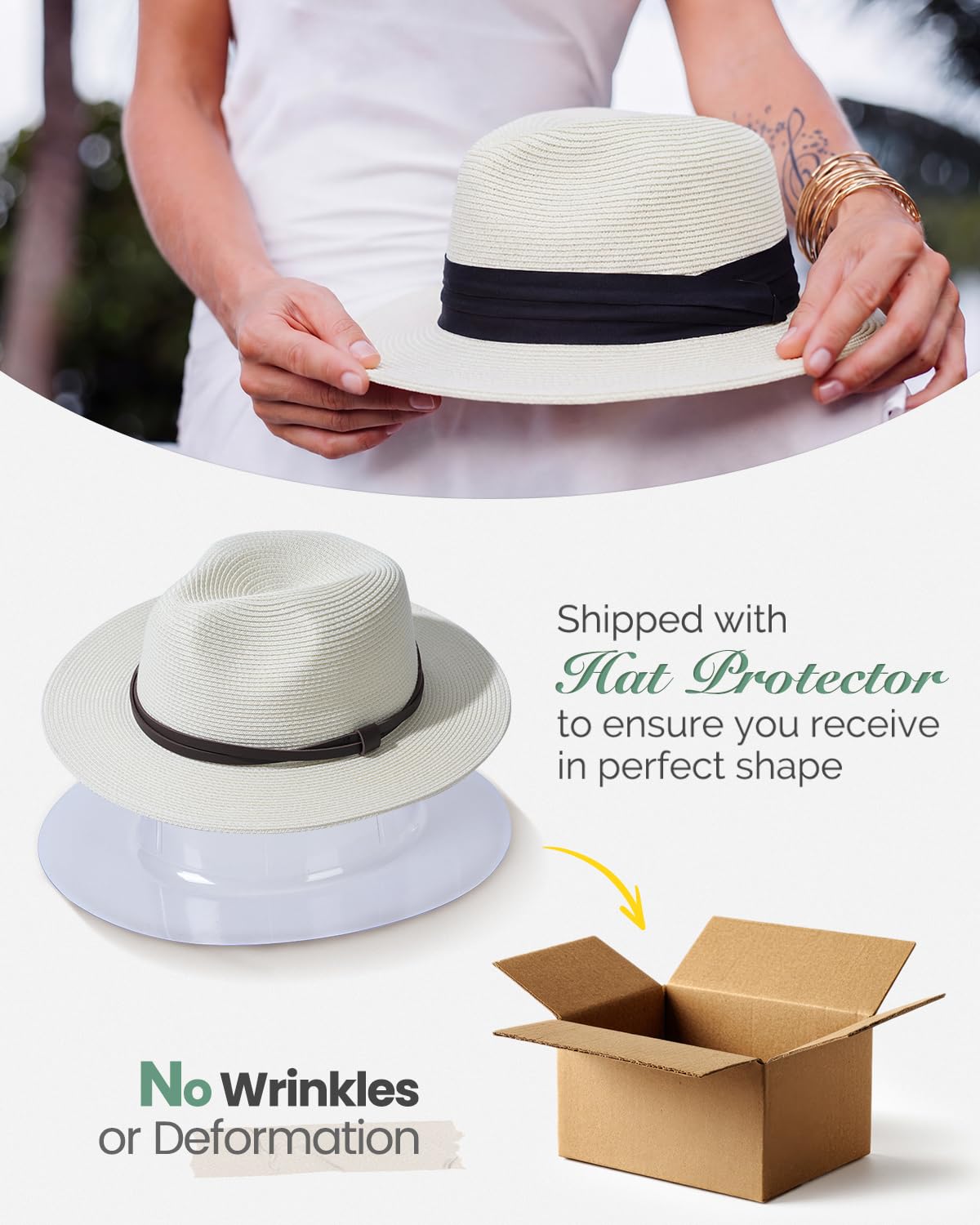 Creekstone Cappello Panama in paglia, cappello da sole Fedora, UPF 50+, tesa larga, cappello da sole Fedora estivo da spiaggia per uomo e donna