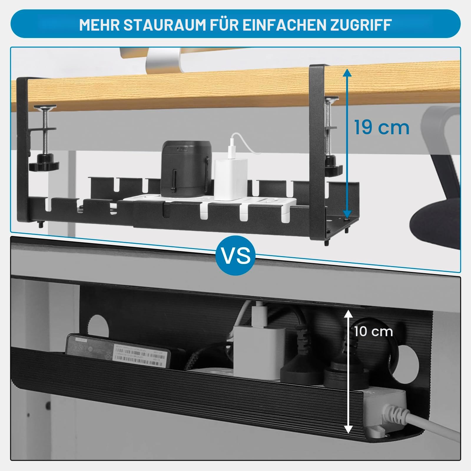 Kabelkanal Schreibtisch Schwarz Ohne Bohren, Einziehbar 28,5-55CM Kabelmanagement Schreibtisch, Verstellbarer Metall Kabelhalter Kabelwanne Kabel Organizer Tisch, Kabelkorb Klemmbar für Büro