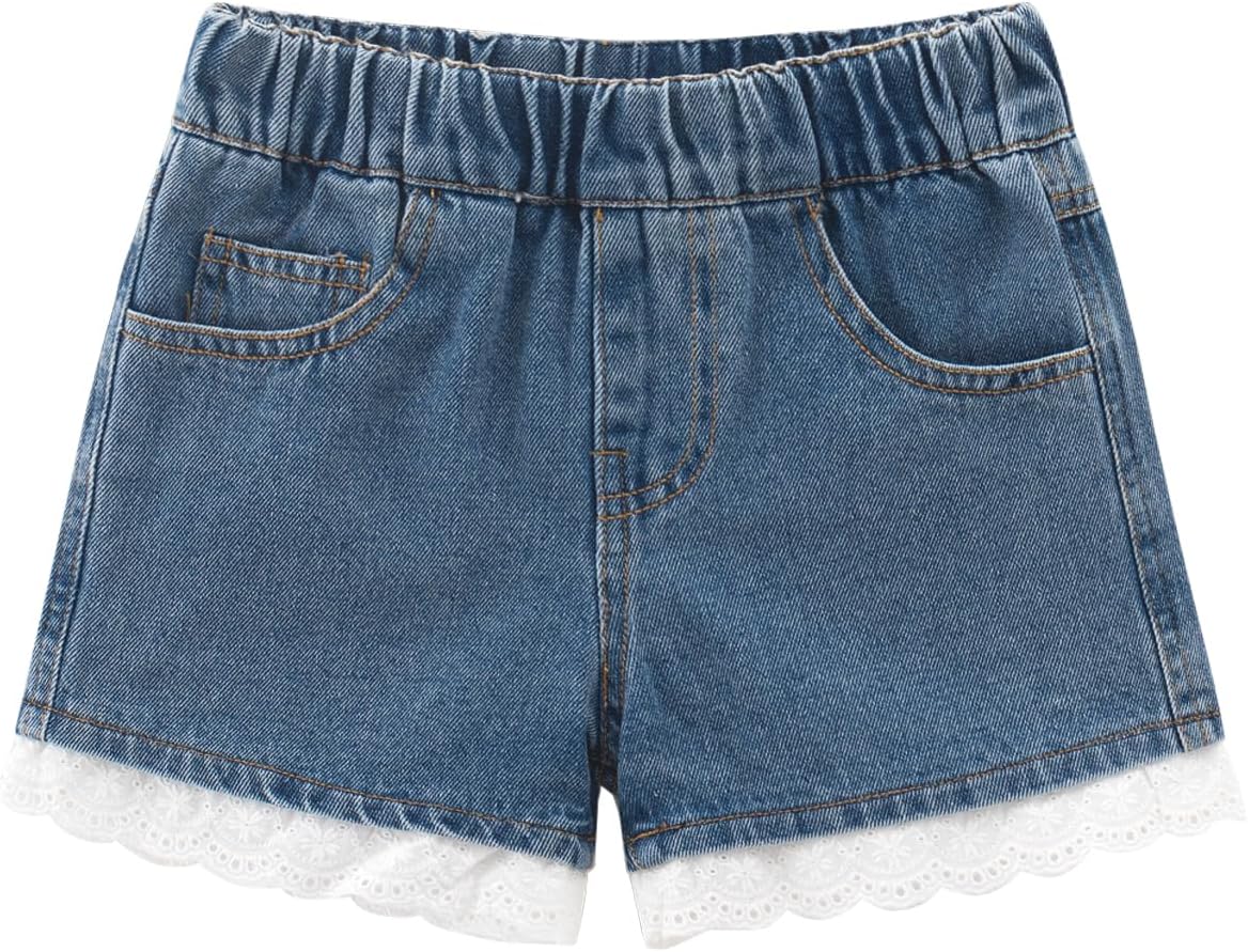 Noomelfish Girls Lace Trim Denim Jeans Shorts Elastic Waist Pull On Summer Shorts with Pockets (5-12 Years)