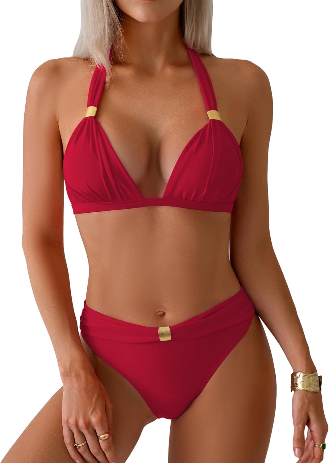 TASHEHE Womens Ruched Triangle Bikini Set Gold Metal Halter Swimsuit Two Piece Bathing Suit