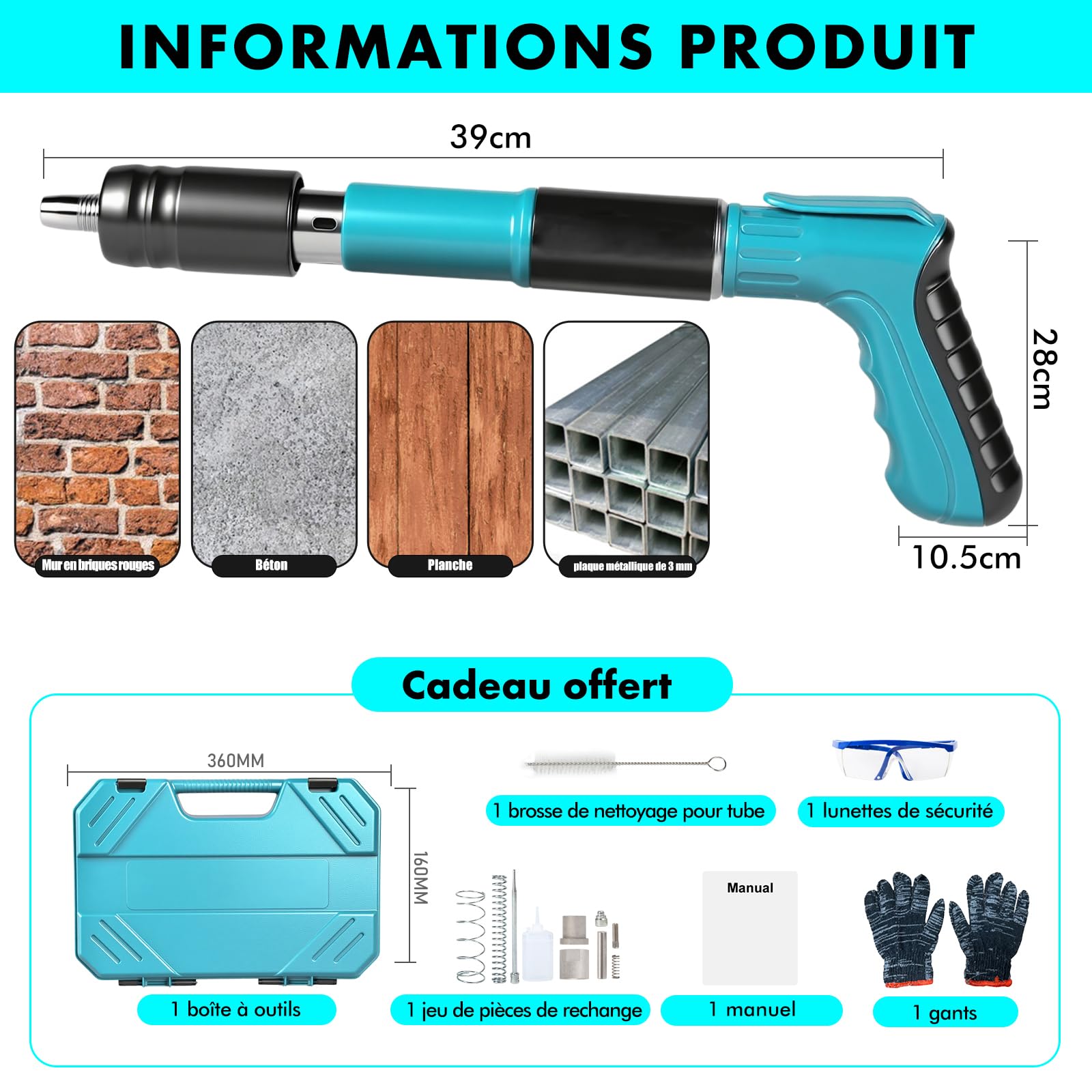 Mini Pistolet à Ongles Portable, Pistolet à Clous Manuel avec 5 Niveaux de Puissance, Cloueuse Pneumatique Silencieuse, Cloueur Beton électriques Nail Gun, pour Béton, Plafond, Bois, Fixation Murale
