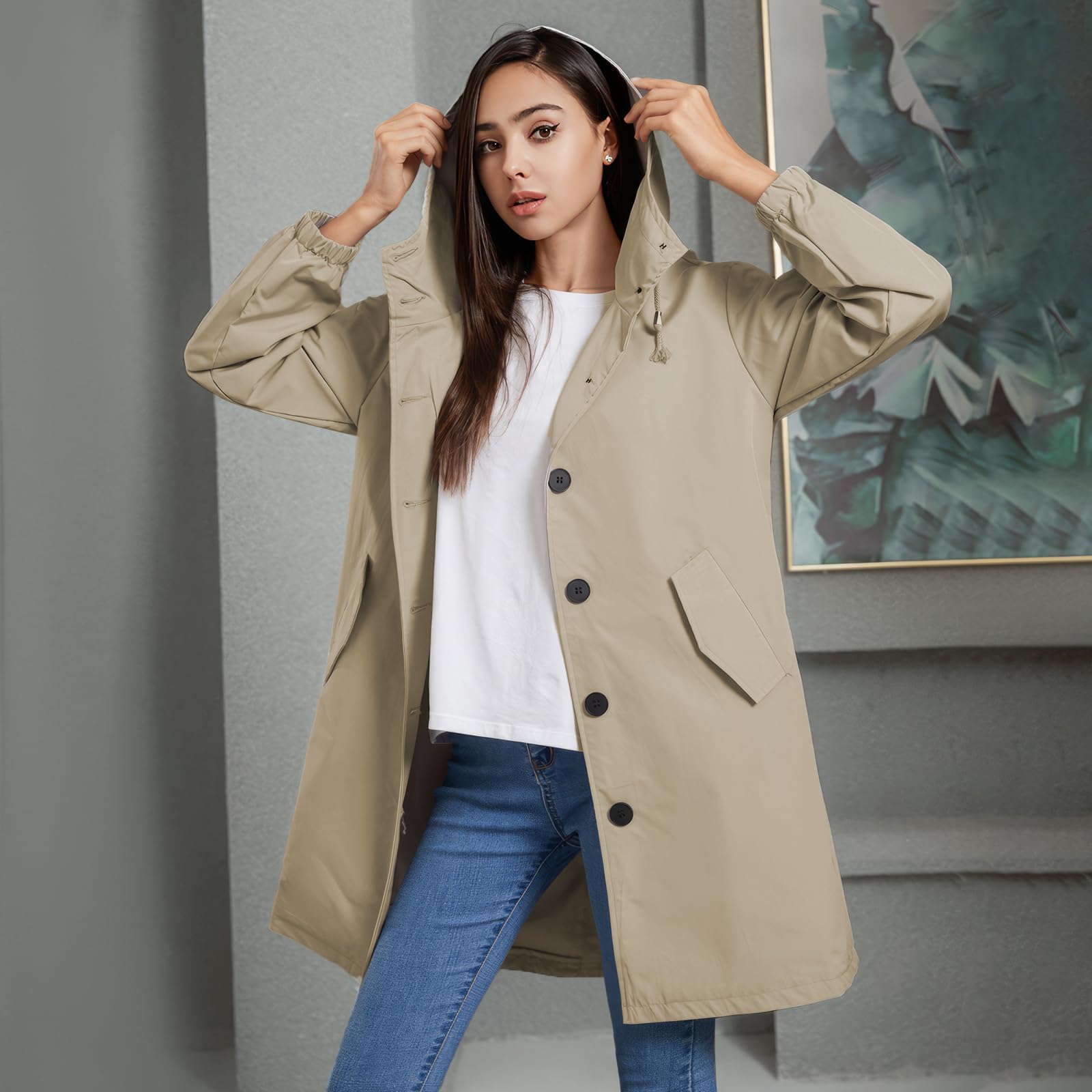 Giacca Antivento Impermeabile da Donna - Giacca Lunga Leggera Idrorepellente per Esterni, Giacca Antipioggia con Cappuccio, Trench per Escursionismo