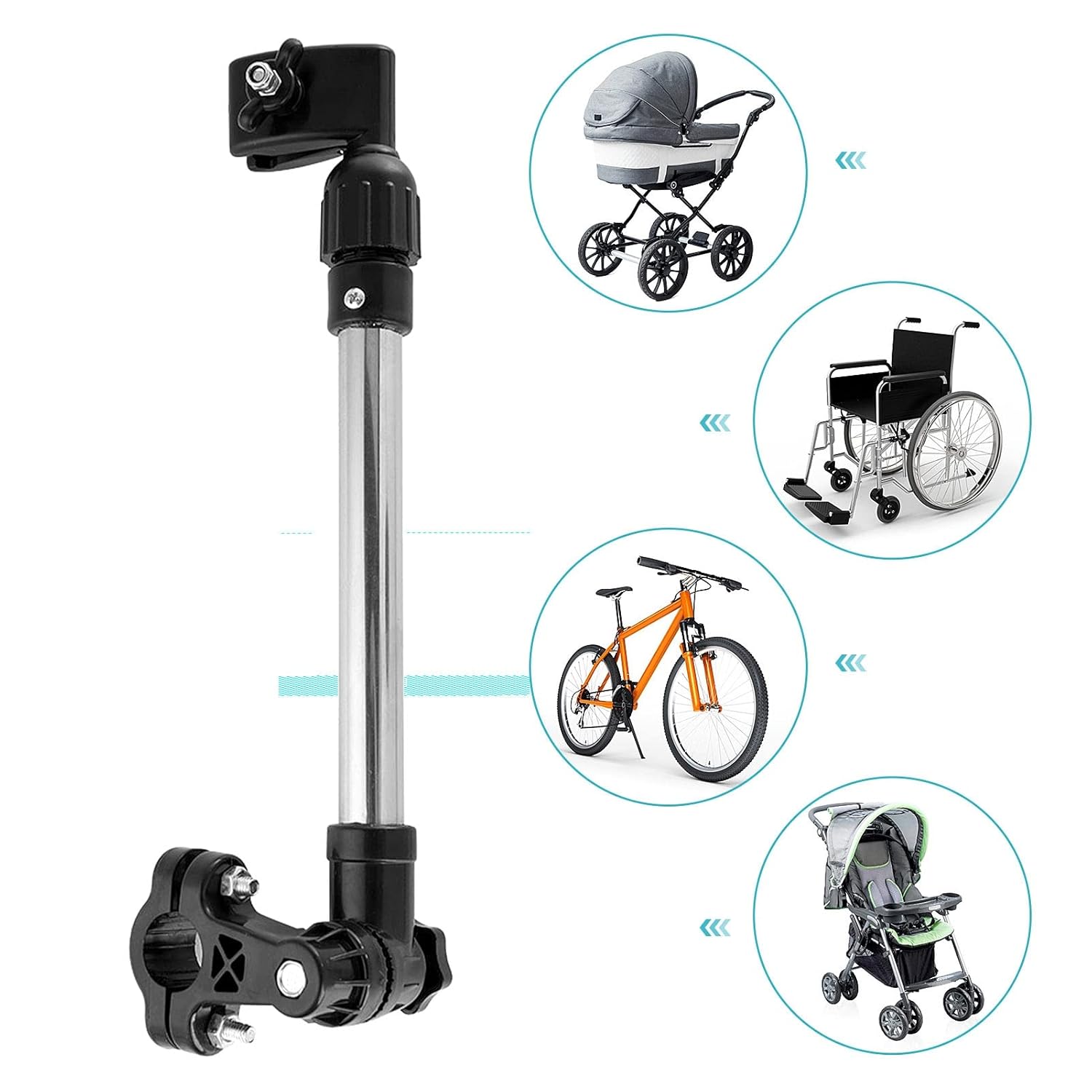 Umbrella Holder for Chair, Stainless Steel Bicycle Baby Stroller Umbrella Stand Retractable 360 Degree Adjustment Clip Mount Frame Handle Connector for Bike Stroller MBC Pram