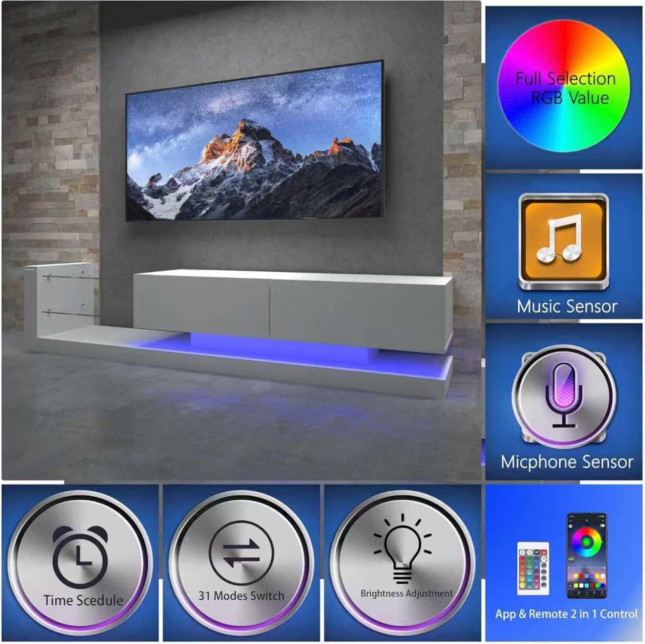 LED TV Stand for 55 65 75 Inch TV, Modern Entertainment Center Equipped with Tempered Glass, TV Console with Storage Cabinets， Gaming Media Console with Power Outlet for Living Room, White