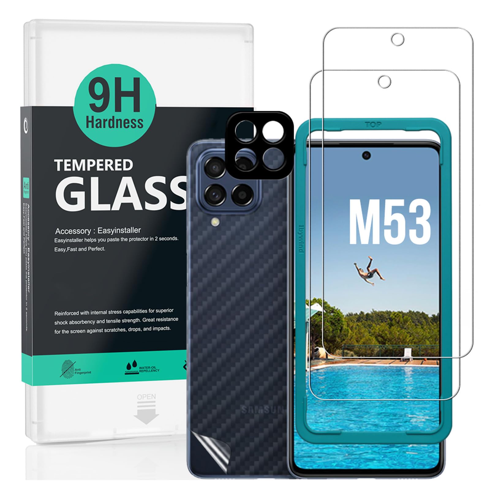 Ibywind Screen Protector For SamSung Galaxy M53 5G (6.7 Inches),with 2Pcs Tempered Glass,1Pc Camera Lens Protector,1Pc Backing Carbon Fiber Film [Fingerprint Reader,Easy to install]