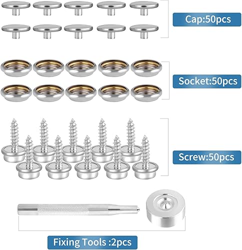 Miniatura 4 de Kit de 150 broches de tornillos de fijación, de acero inoxidable, con botón a presión, lona de grado marino, kit plateado para barco con 2