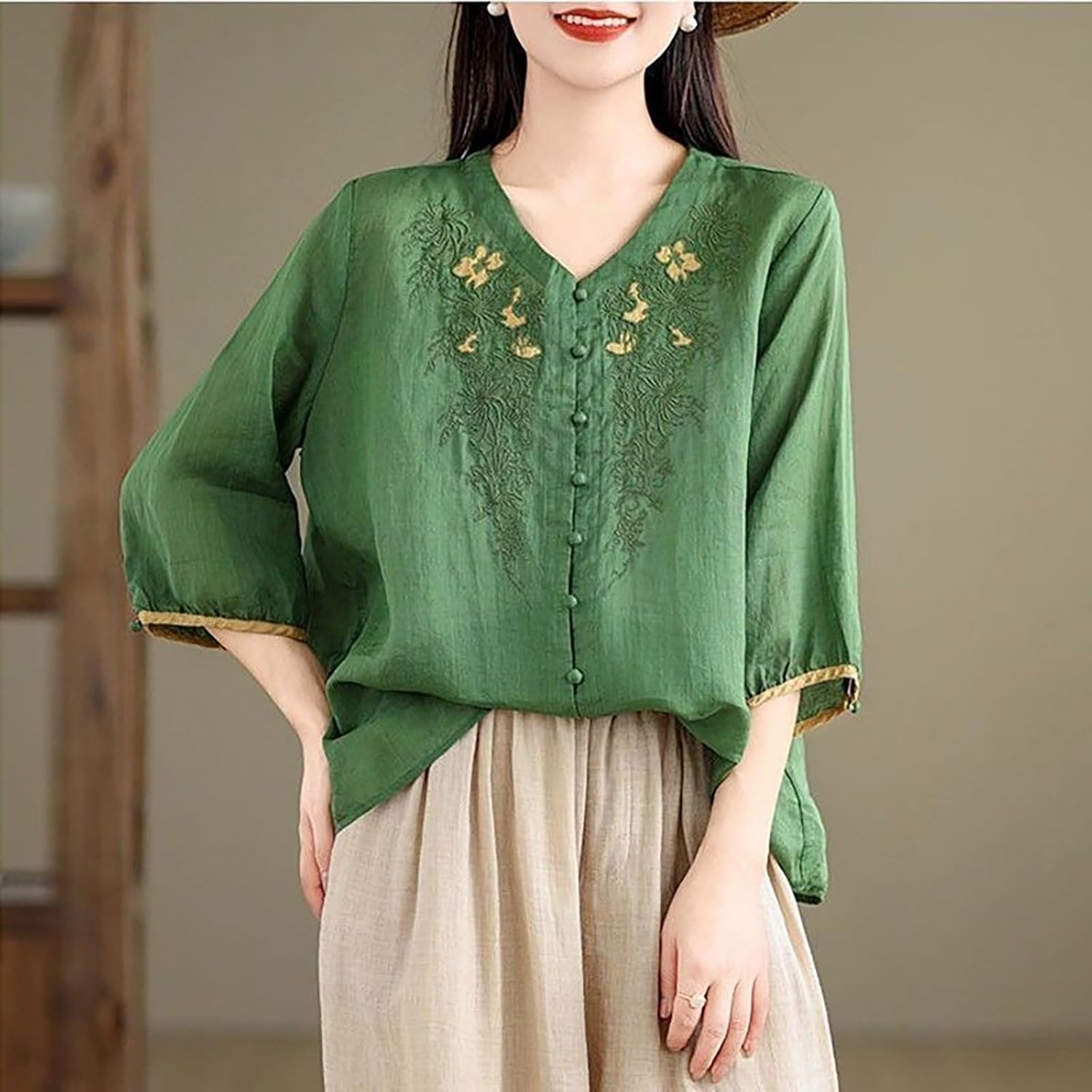 3/4 Sleeve Tops for Women Floral Embroidered Cotton Linen Flowy Boho Gauze Blouses Trendy Beach Vacation Clothes