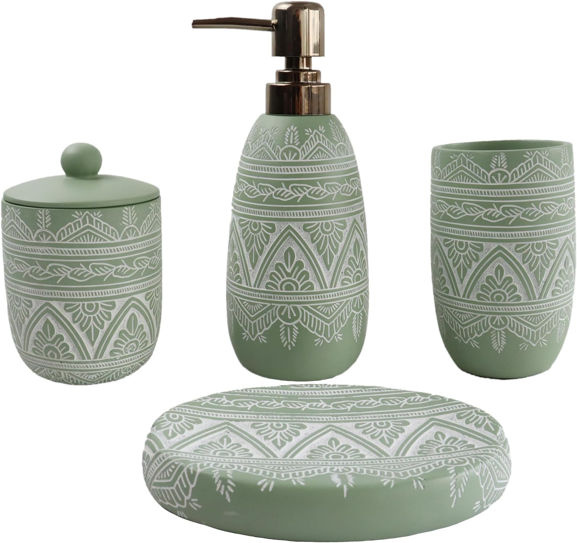 Hymmah Green Bathroom Accessories Set,Farmhouse Bathroom Decor,4 Pcs Resin Gift Set Apartment Necessities, Contain Cotton Swab Jar,Soap Dispenser,Tumbler，Soap Dish/Tray