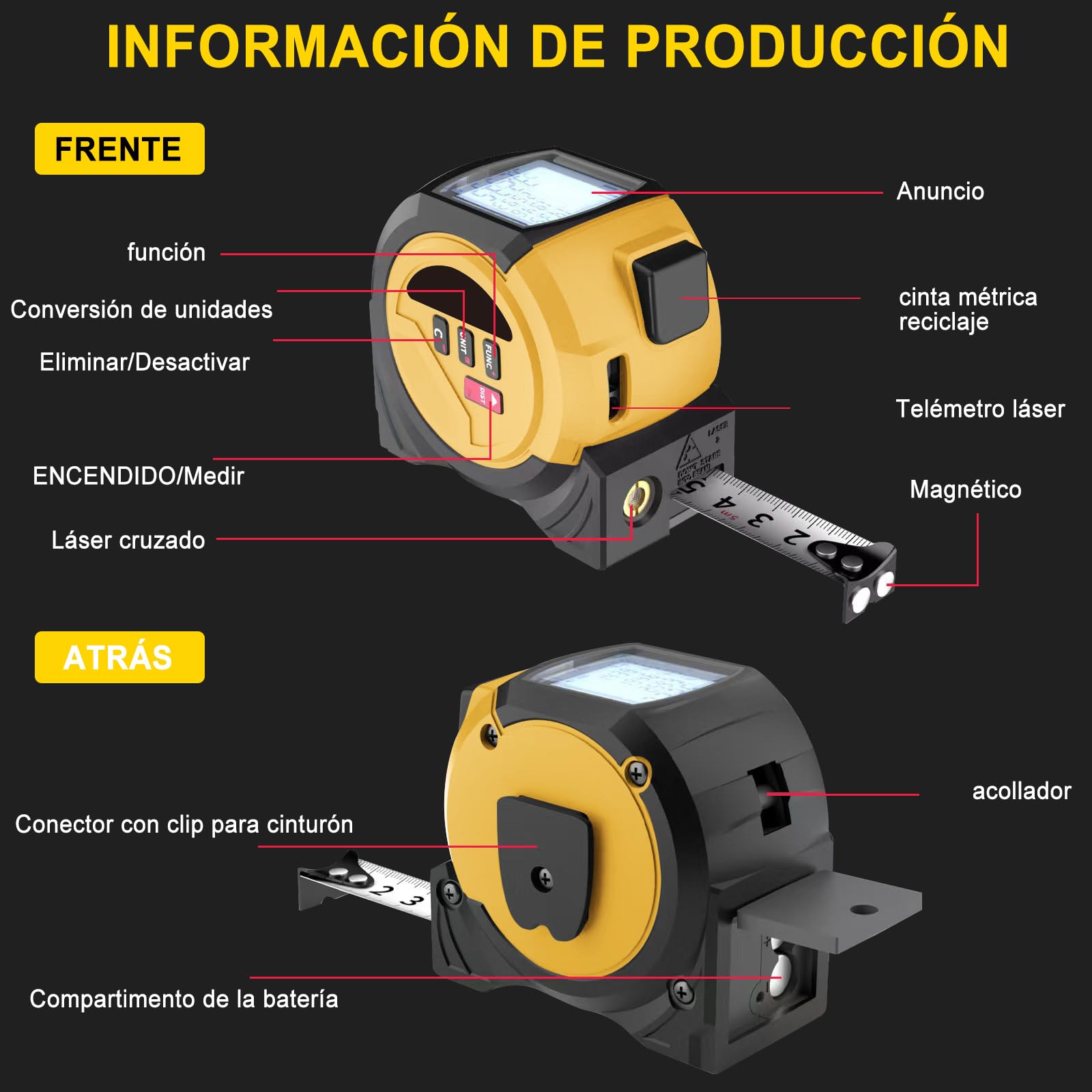 Cinta Métrica Laser, 3 en 1 Medidor Laser Distancia 40m/60m con Cinta Metro 5m, Unidad M/in/Ft, para Distancia Area Volumen y Medición Pitagorica