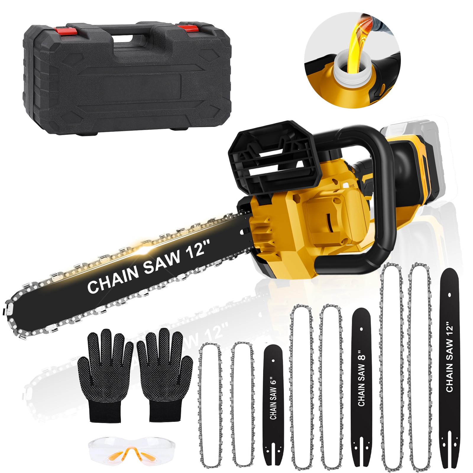 3-IN-1 Cordless Chainsaw for Dewalt 20V Max Battery, 12-Inch/ 8-Inch/ 6-Inch 1000W Brushless Portable Handheld Chain Saw with Guide Plates and Chain, Auto Oiler, for Wood Cutting (No Battery)