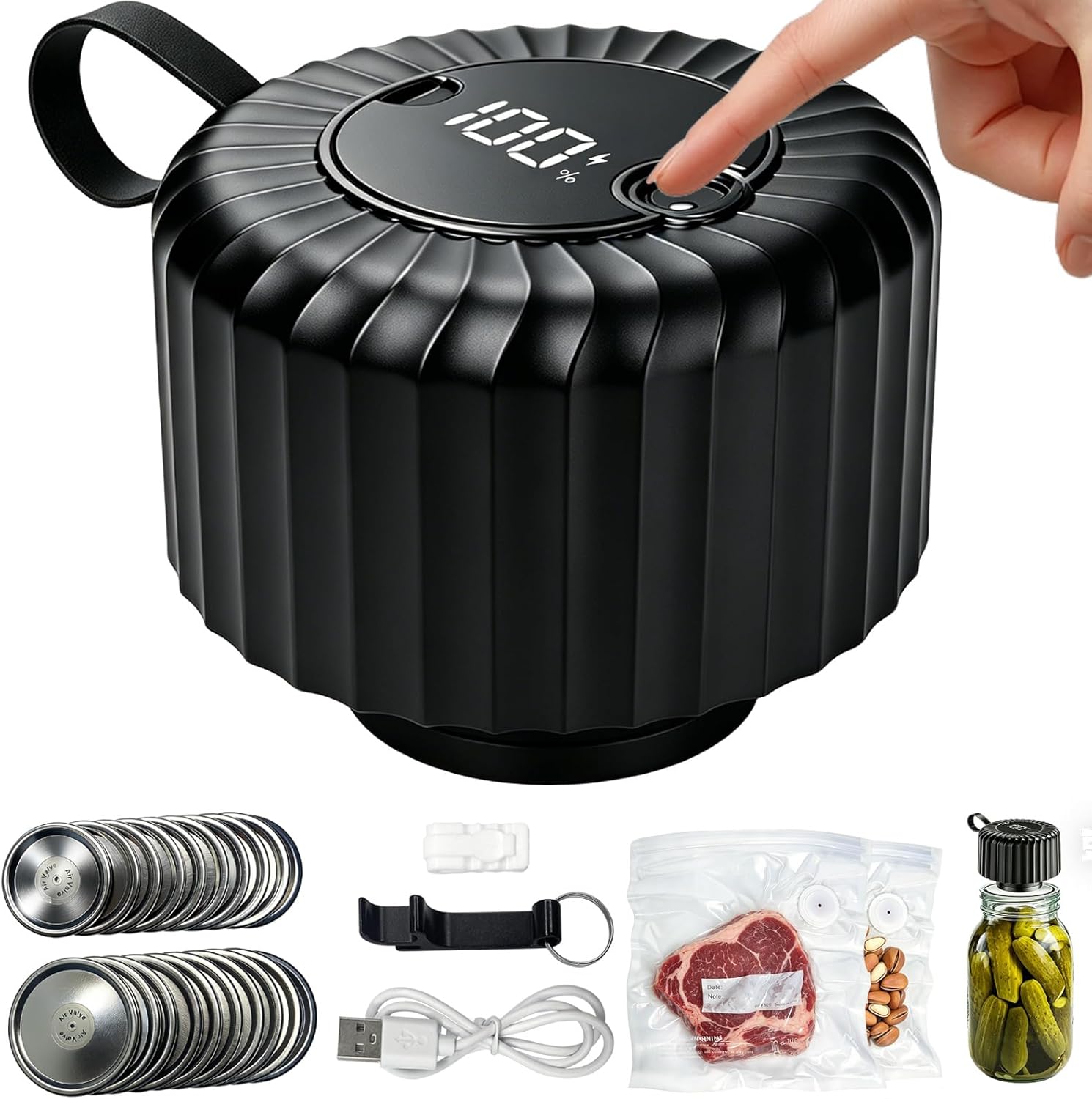 Xinyonxin Electric Mason Jar Vacuum Sealer Kit - Portable One-Touch Automatic Food Sealer for Wide & Regular Jars (Includes 20 Lids, 2 Bags, Opener) (Black)
