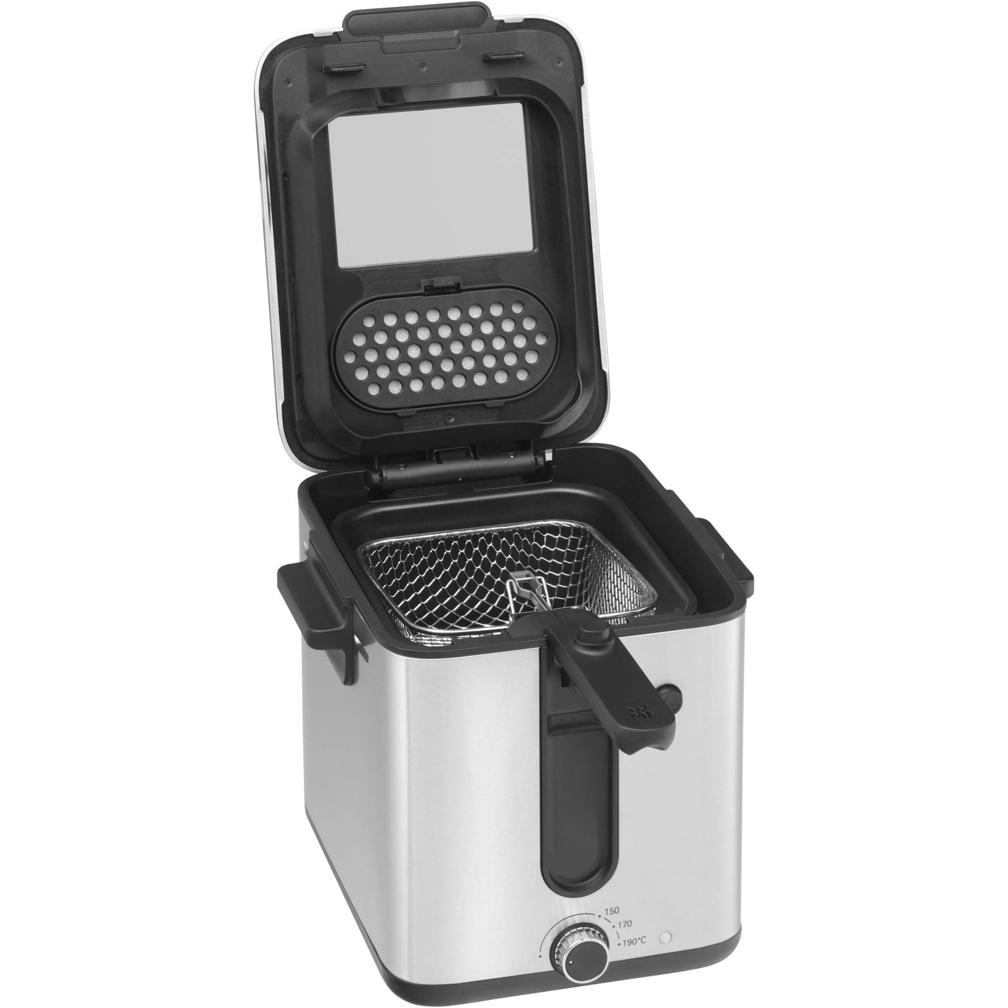 WMF Küchenminis mini frytkownica z tłuszczem/olejem, mini frytkownica z krajalnicą do ziemniaków, 1000 W, wyjmowany pojemnik na olej, na chrupiące frytki, stal nierdzewna matowa
