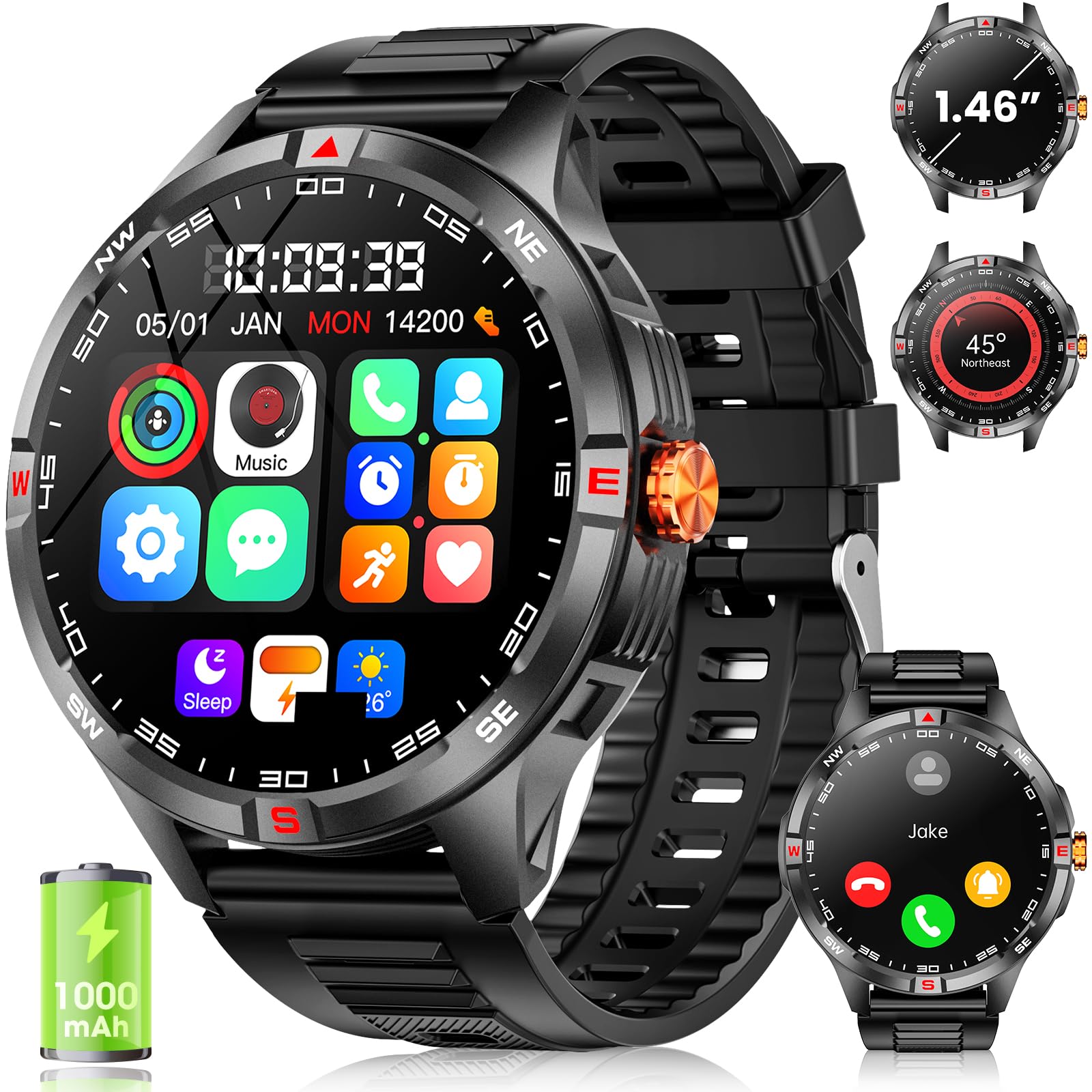 Smartwatch militare da uomo, grande capacità, batteria da 1000 mAh, schermo HD da 1,46", con monitoraggio chiamata/sonno, modalità multi-sport, fitness tracker, per Android/iPhone