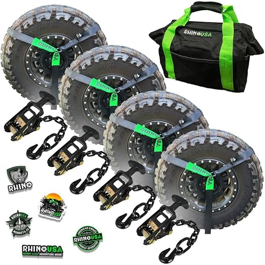 Rhino USA Car Tie Down Straps with J Hooks – 4 Pack 2" x8' – 10,000lbs Break Strength – Heavy Duty T-Handle Car Hauler Tire Lasso Wheel Straps for Trailers, UTV & Powersports – Black