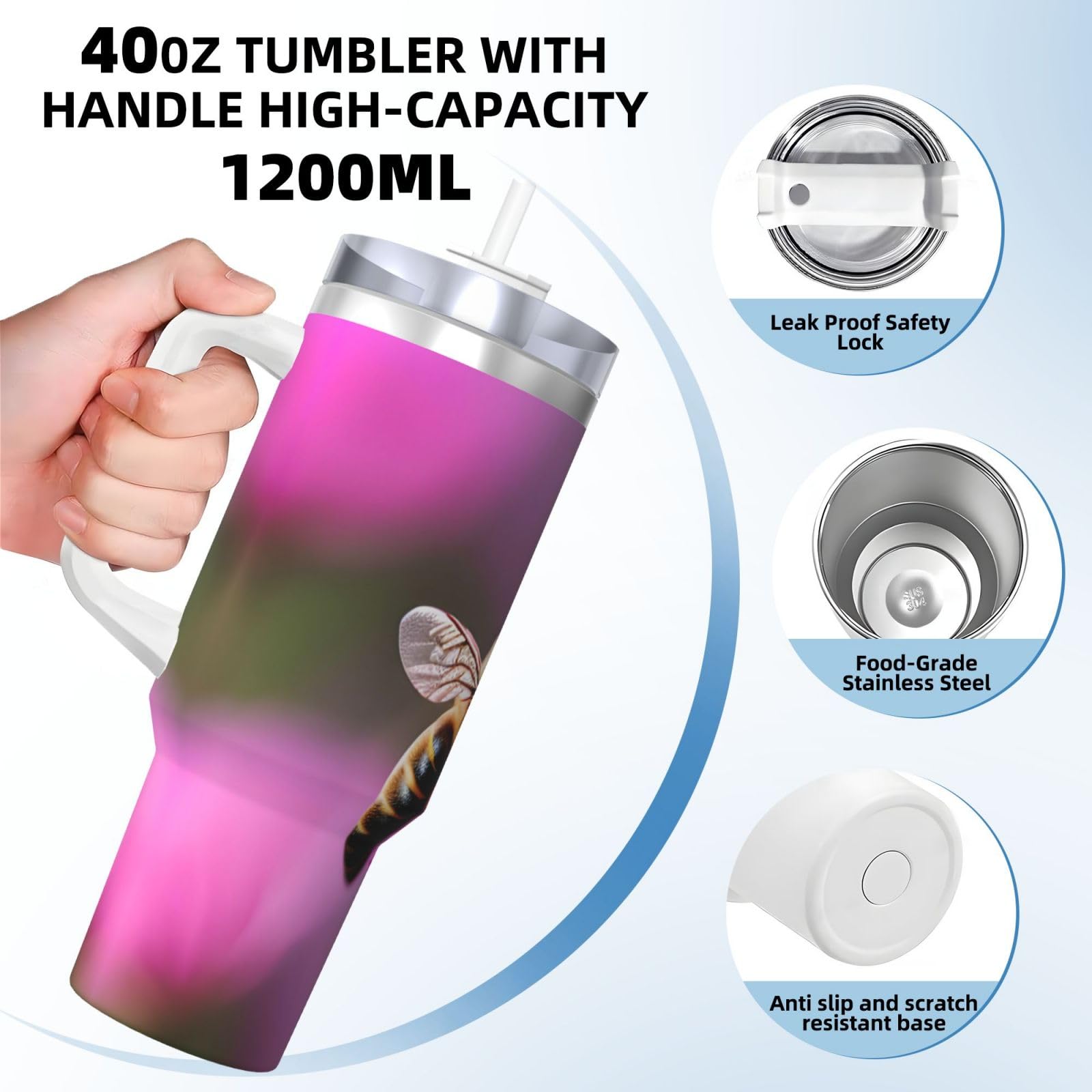 Bee Flying 1 Wasserflasche aus Edelstahl, doppelwandig, isoliert, mit Griff und Strohhalm-Deckel, 1,2 l