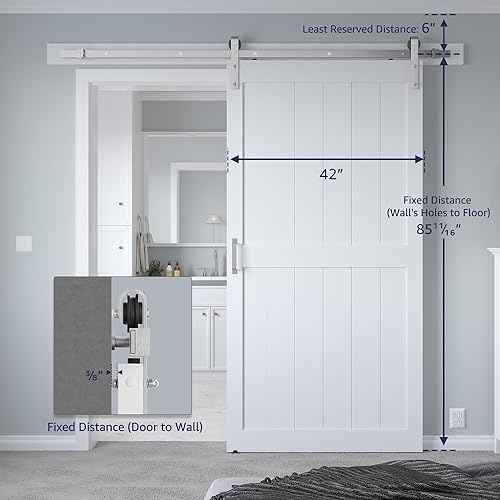 Miniatura 78 de Puerta corrediza de granero MDF de 48 x 80 pulgadas con kit de herrajes para puerta de granero de 8 pies y asa, agujeros preperforados, fácil Blanco