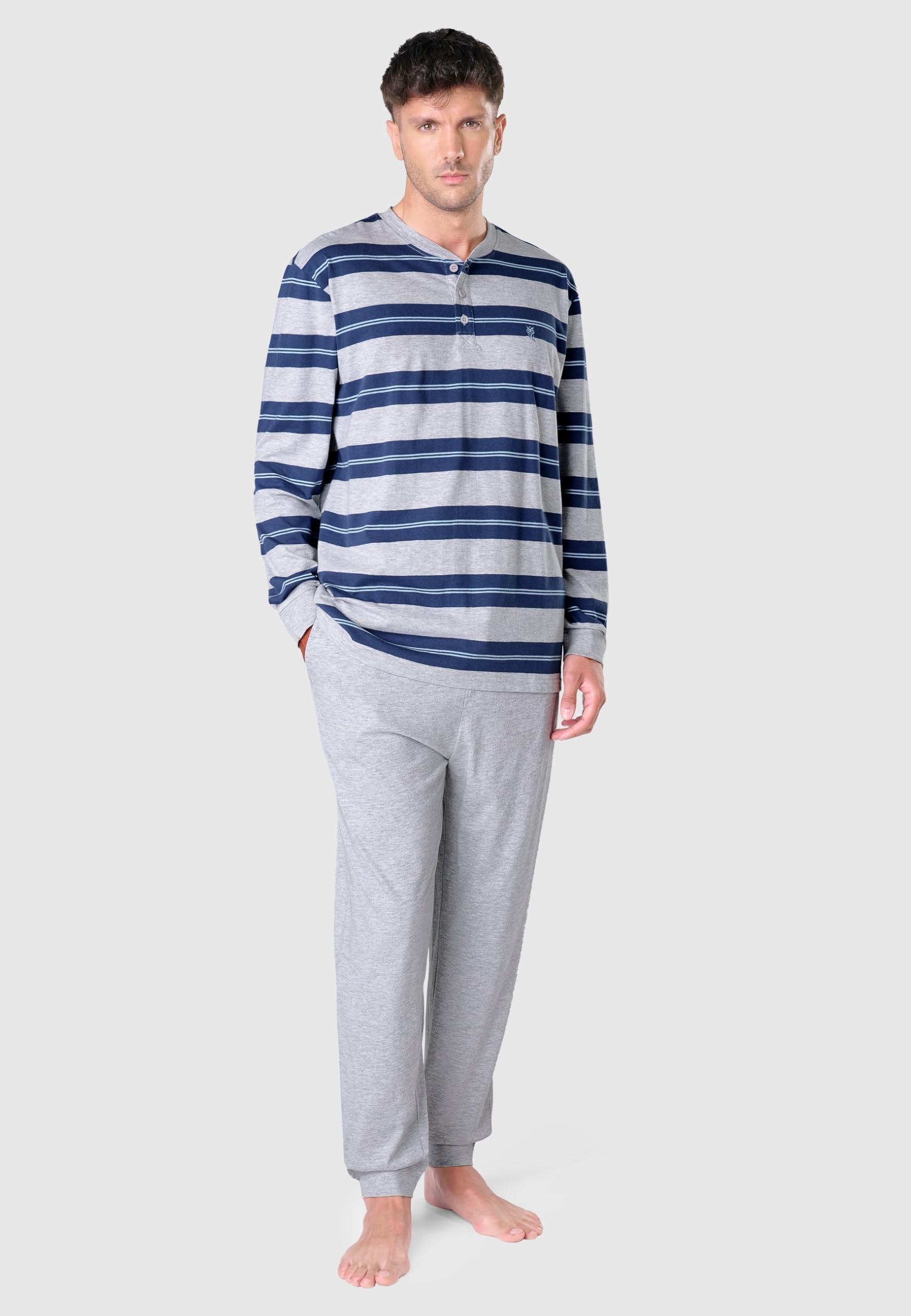 El Búho Nocturno Pigiama Uomo Cotone Lungo Leggero - 100% o Mistura - Intero Manica Lunga Maglia Righe Tasche - Set Due Pezzi Notte Casa Autunno Mezza Stagione