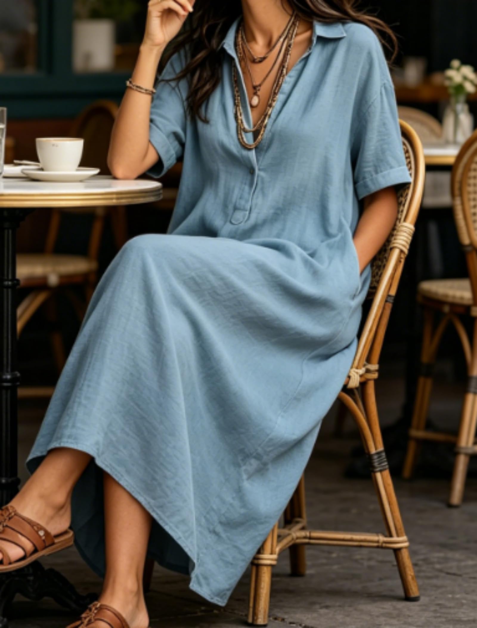 Generico Maxi Abito da Donna con Scollo a V, Colletto risvoltato e Spacco – Abito Casual con Tasca, Ideale Come Copricostume per Le Vacanze estive