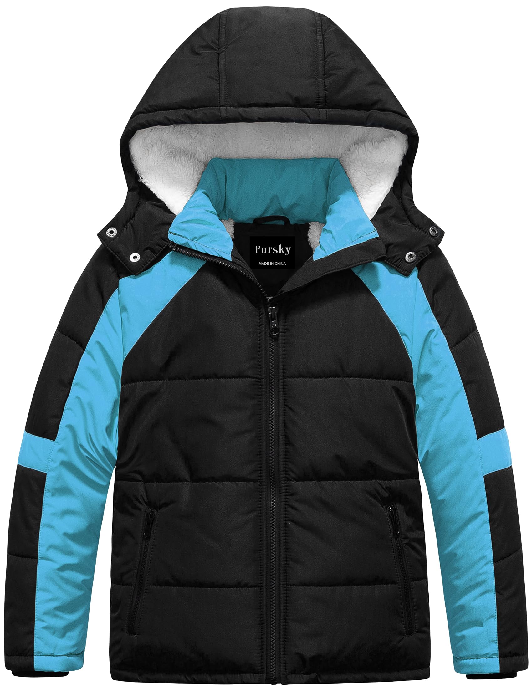 Pursky Boy's Warm Winter Coat Water Resistant Sherpa Outerwear Puffer Jackets With Removable Furry Hood