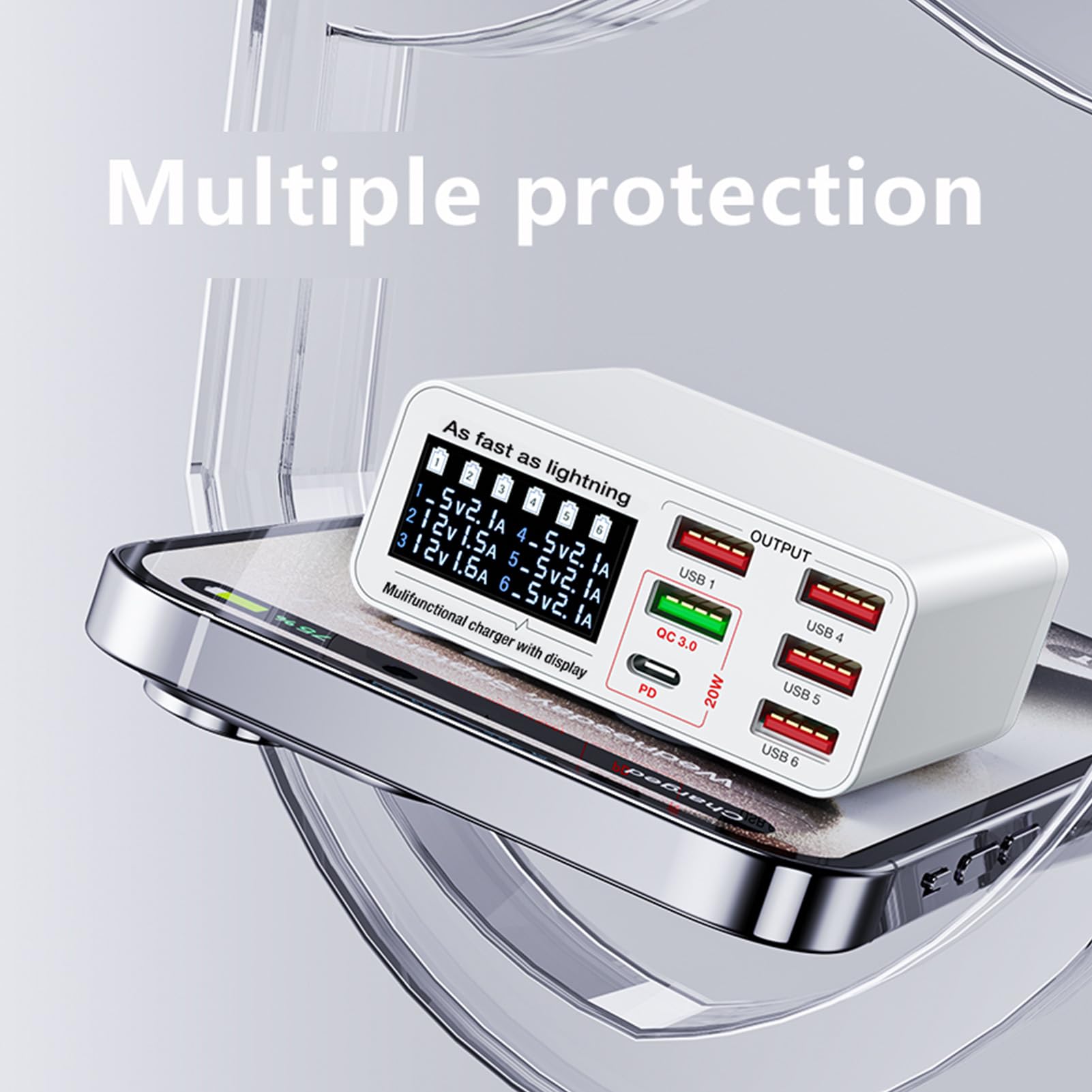 Sxhlseller Stazione di Ricarica USB da 40 W a 6 Porte, Hub di Alimentazione da Tavolo con Display LCD Intelligente |Adattatore Caricabatterie Rapido QC 3.0 PD Tipo C per Tablet e (Spina europea)