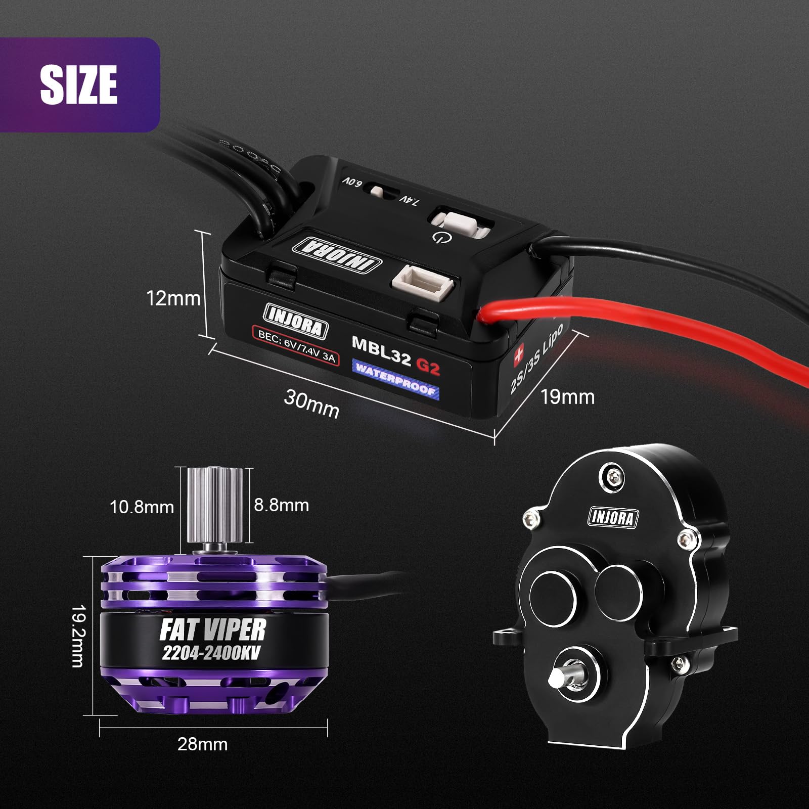 INJORA MBL32 G2 ESC Sin Escobillas Impermeable & Motor Outrunner 2204 Fat Viper para 1/18 TRX4M