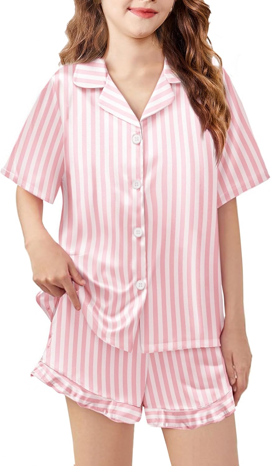 Arshiner Girls Pajamas Silk Satin Pajama Set 2 Piece Button Down Pjs Ruffle Sleepwear