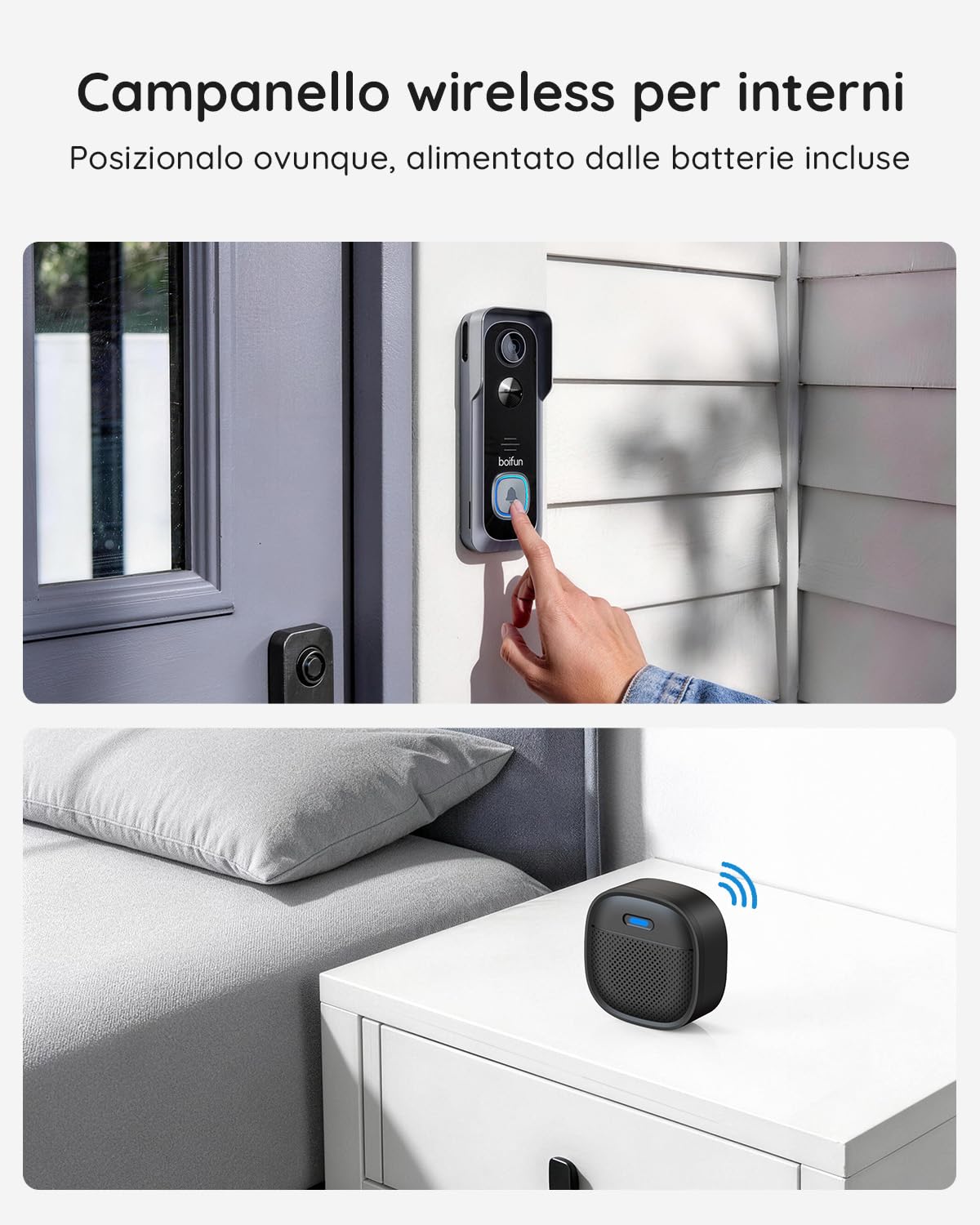 BOIFUN Videocitofono Wifi 2K UHD Campanello Senza Fili da Esterno con Suoneria e Allarme Immediato, 166°Angolo Visuale, Rilevamento Umano PIR, Audio Bidirezionale, Batteria ricaricabile, IP65, 2.4Ghz