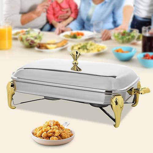 Miniatura 10 de Fetcoi Juego de bufé de platos de 2.6 cuartos de galón  Servidores y calentadores de bufé de acero inoxidable, platos de roce para horno, calentador