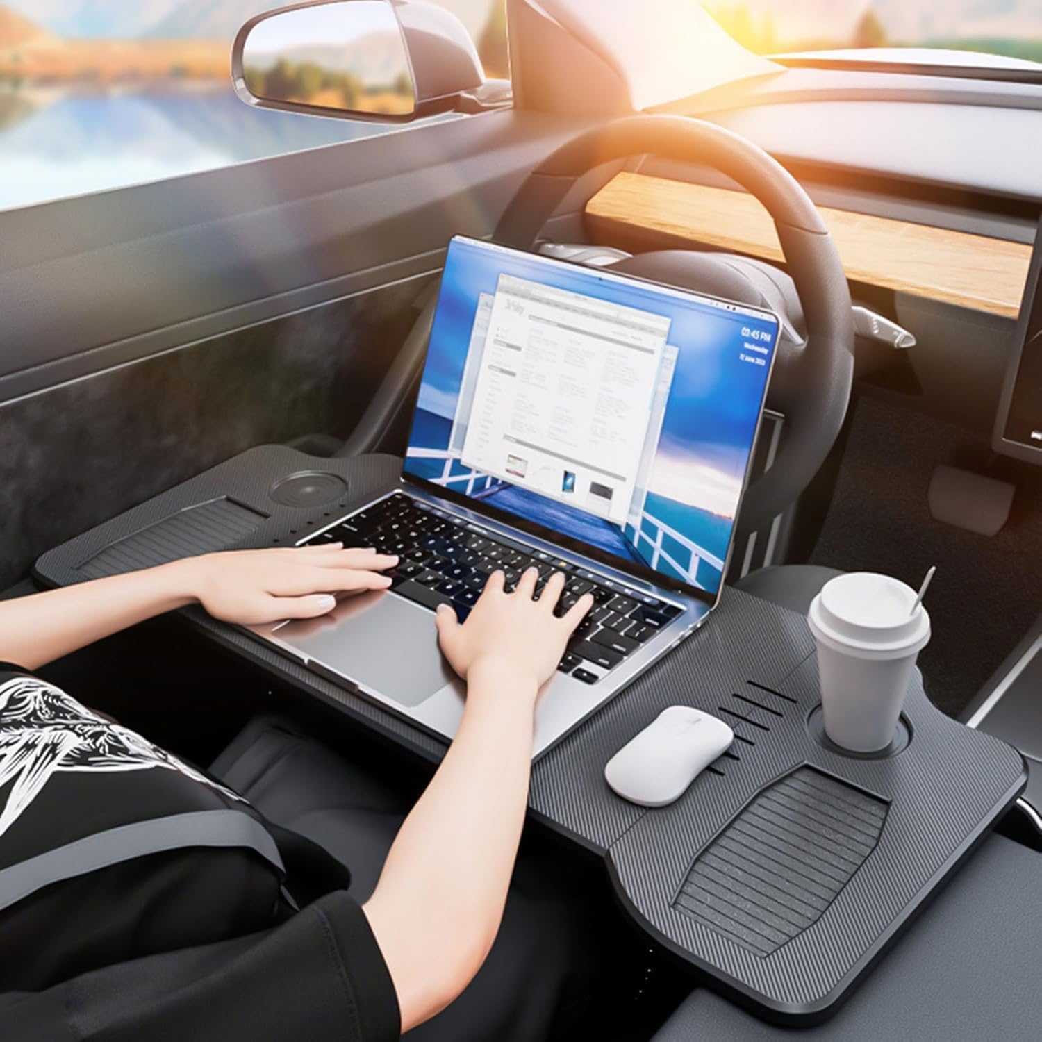 Foldable Car Desk for Tesla Model Y Model 3 – Steering Wheel Hook, Multi‑Use Car Desk & Car Table for Work & Dining, Premium Tesla Table Essential, Portable Car Desk for Laptop for Travel