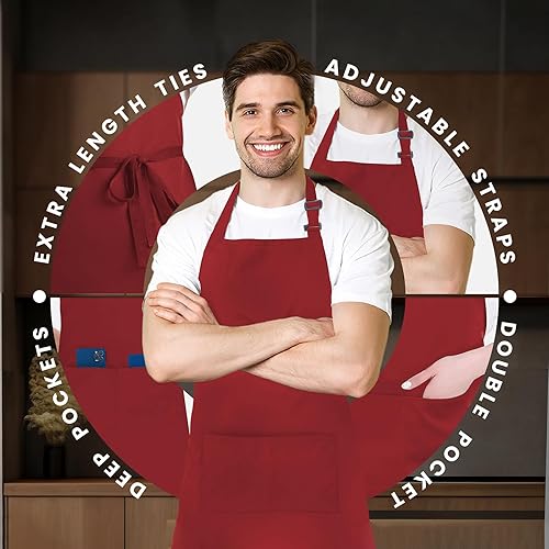 Miniatura 4 de Adjustable Bib Apron 100% Polyester Kitchen Aprons Waterdrop Resistant Aprons with Adjustable Strap, Pockets & Long Ties