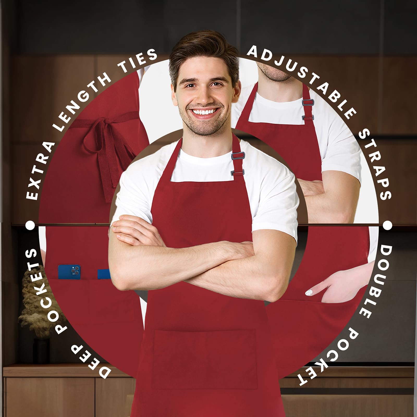 Tablier de cuisine réglable 100% polyester résistant aux gouttes d'eau avec sangle réglable, poches et longues attaches