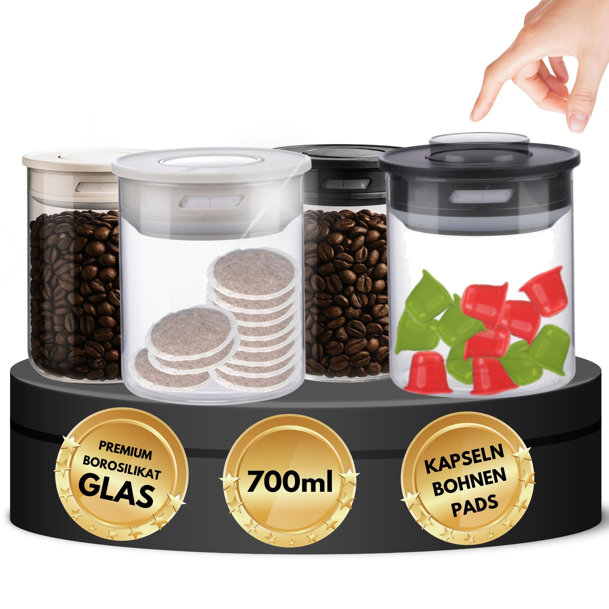 TronicXL Vakuum 4x Kaffeedose Teedose Vorratsdose - Vorratsbehälter Vakuumdose mit Aroma-Deckel Luftdicht für Kaffeebohnen Kaffeepad Kaffeekapseln kompatibel mit Nespresso Dolce Gusto Senseo Tchibo