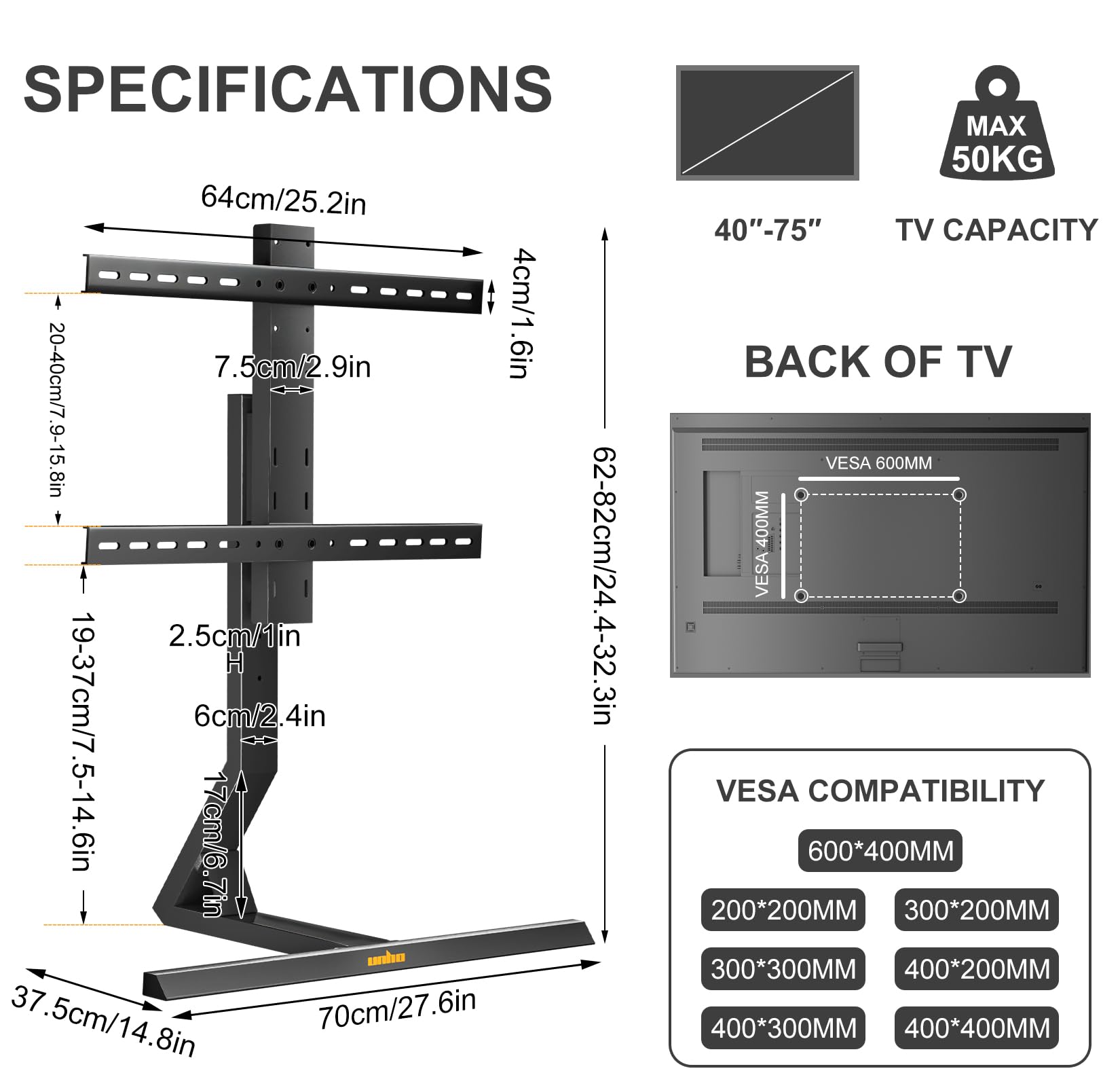 unho Supporto TV da Tavolo per 40-75 Pollici Porta TV Regolabile Stabile | Acciaio Ispessito, Peso Max 50kg, Max VESA 600x400mm, Ruotabile a sinistra e a destra 45°