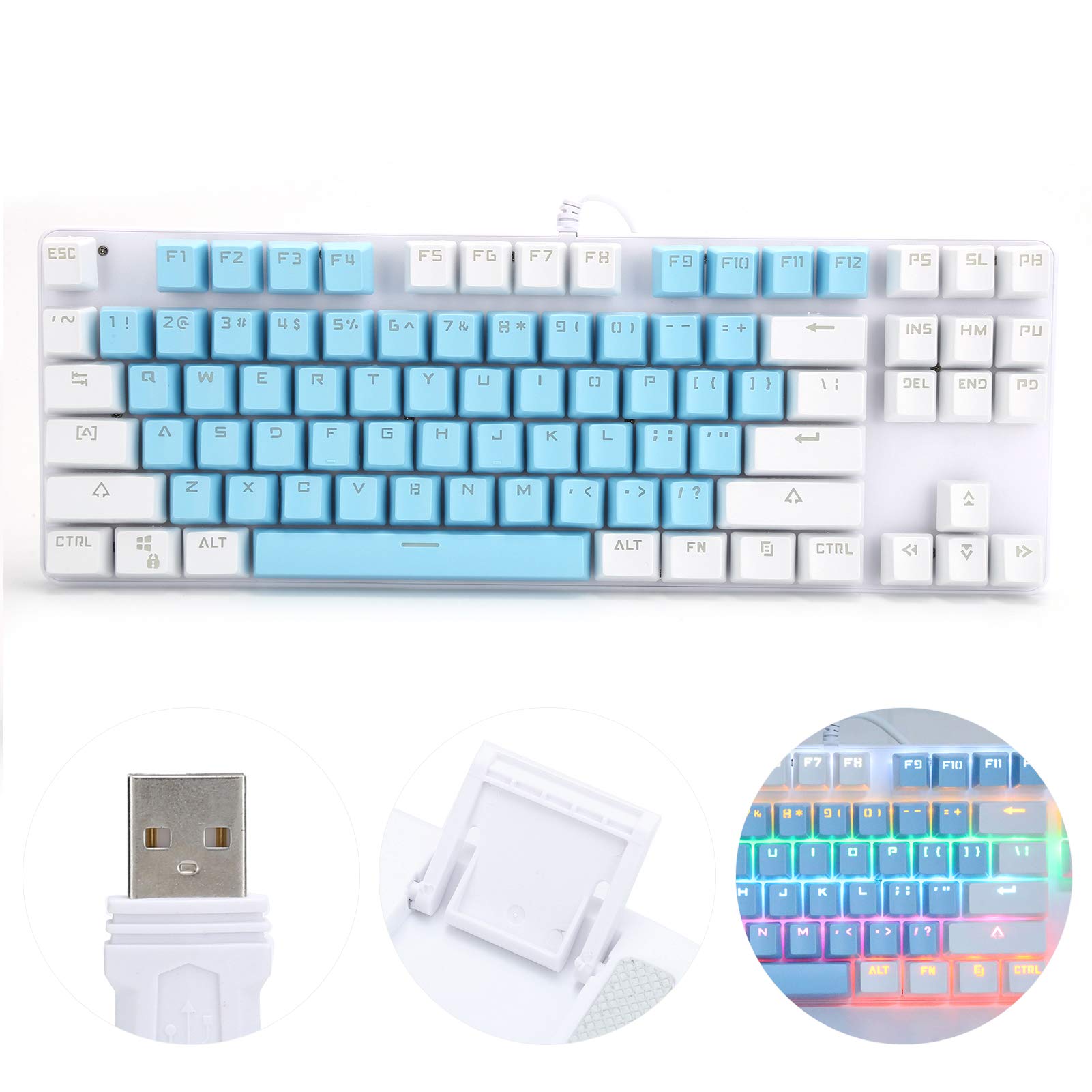 CCYLEZ Tastiera per Computer K100, 87 Tasti, Luce Mista, Periferiche per Computer Meccaniche, Connessione USB Cablata, per Laptop Desktop, Plug And Play(Blu e Bianco)