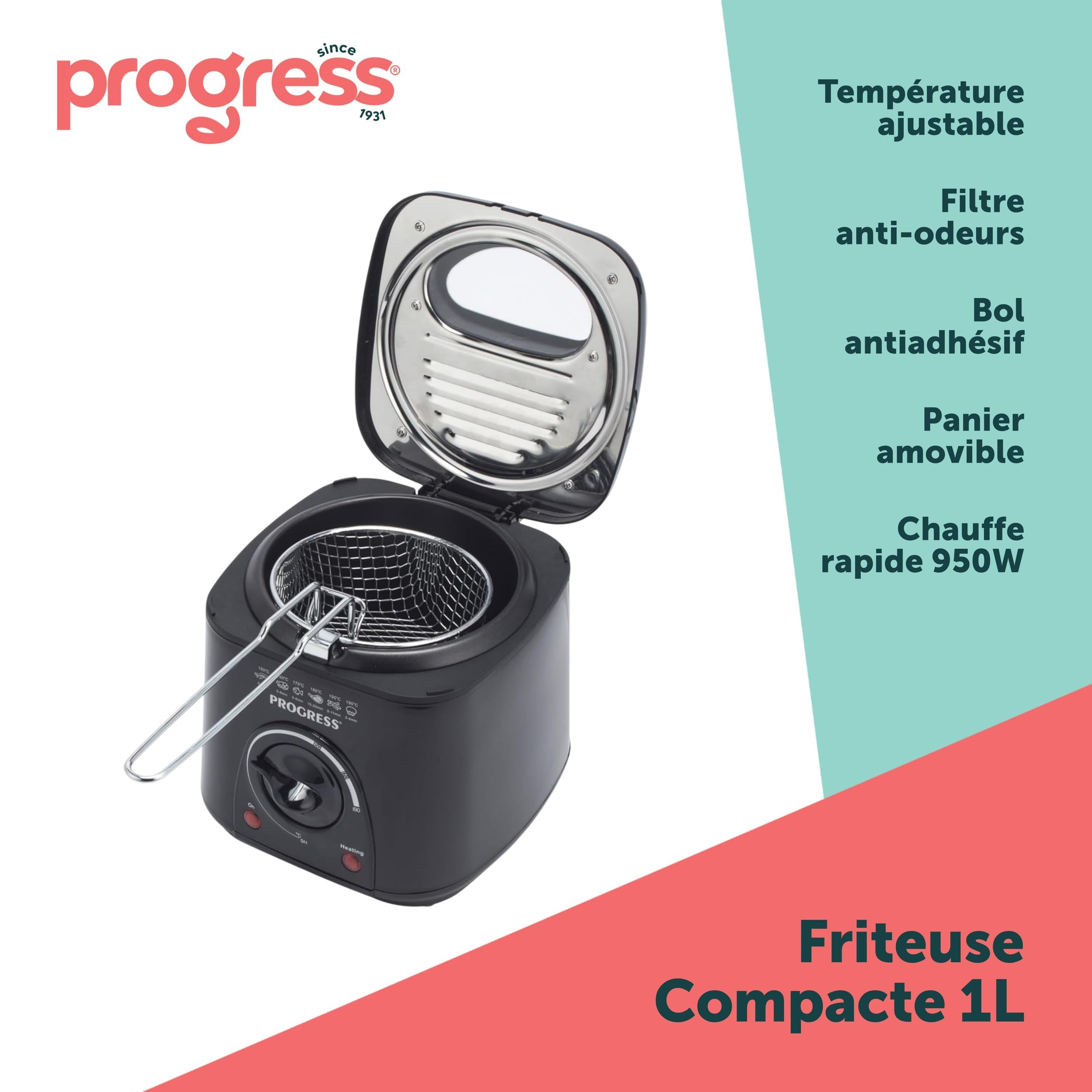 Progress Friteuse Compacte 1L Mini 950W, Panier de Cuisson Amovible Antiadhésif, Facile à Nettoyer, Antidérapant, Contrôle de Température Réglable, Filtre Réducteur d'Odeurs, Garantie 3 ans