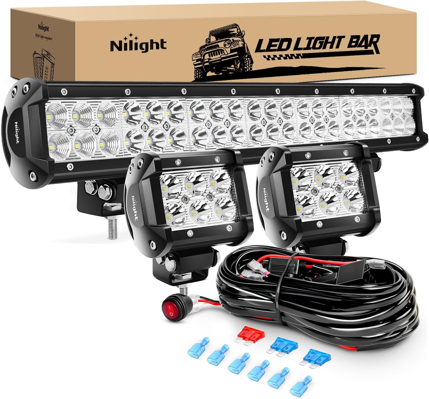 Nilight - Zh002 20Inch 126W Spot Flood Combo Led Off Road Led Light Bar 2Pcs 18W 4Inch Spot Led Pods With 16Awg Wiring Harness Kit-3 Lead, 2 Years Warranty
