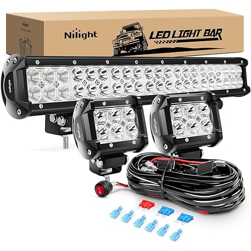 Nilight - ZH002 20Inch 126W Spot Flood Combo Off Road Led Light Bar 2PCS 18w 4Inch LED Pods With 16AWG Wiring Harness Kit-3 Lead For Tractor, 2 Years Warranty