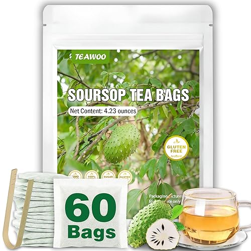 TEAWOO Bolsas de té de guanábana, 60 paquetes de hojas de guanábana 100% naturales (hojas de guanábana), sin azúcar, sin cafeína, sin gluten, sin