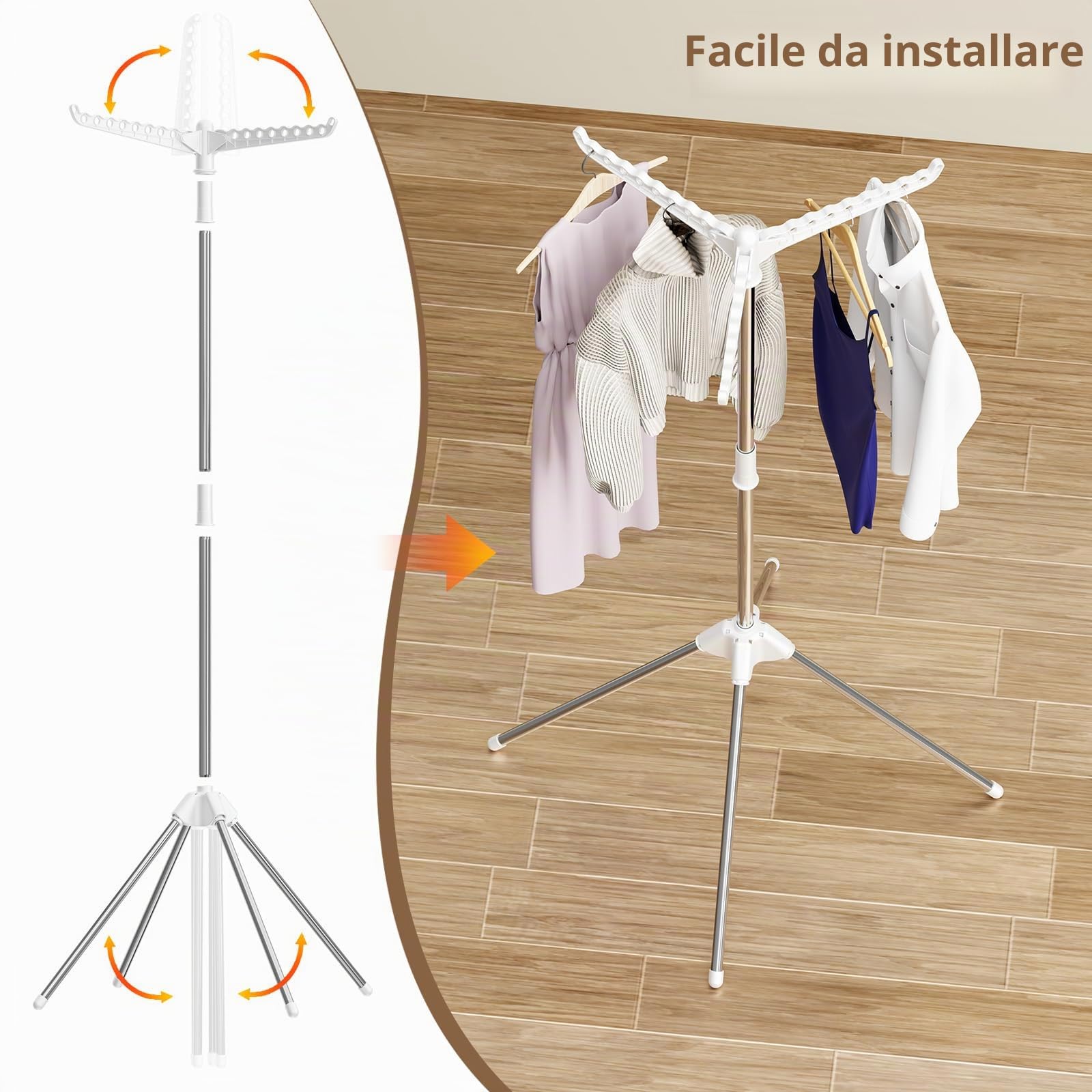 PAVSTINE Stendino Verticale Salvaspazio, Stendibiancheria con 3 Ali,Bianco | Piegevoli e Bracci Rotanti, Stendibiancheria Verticale in Acciaio per Interno ed Esterno, Stendipanni a 4 Gambe