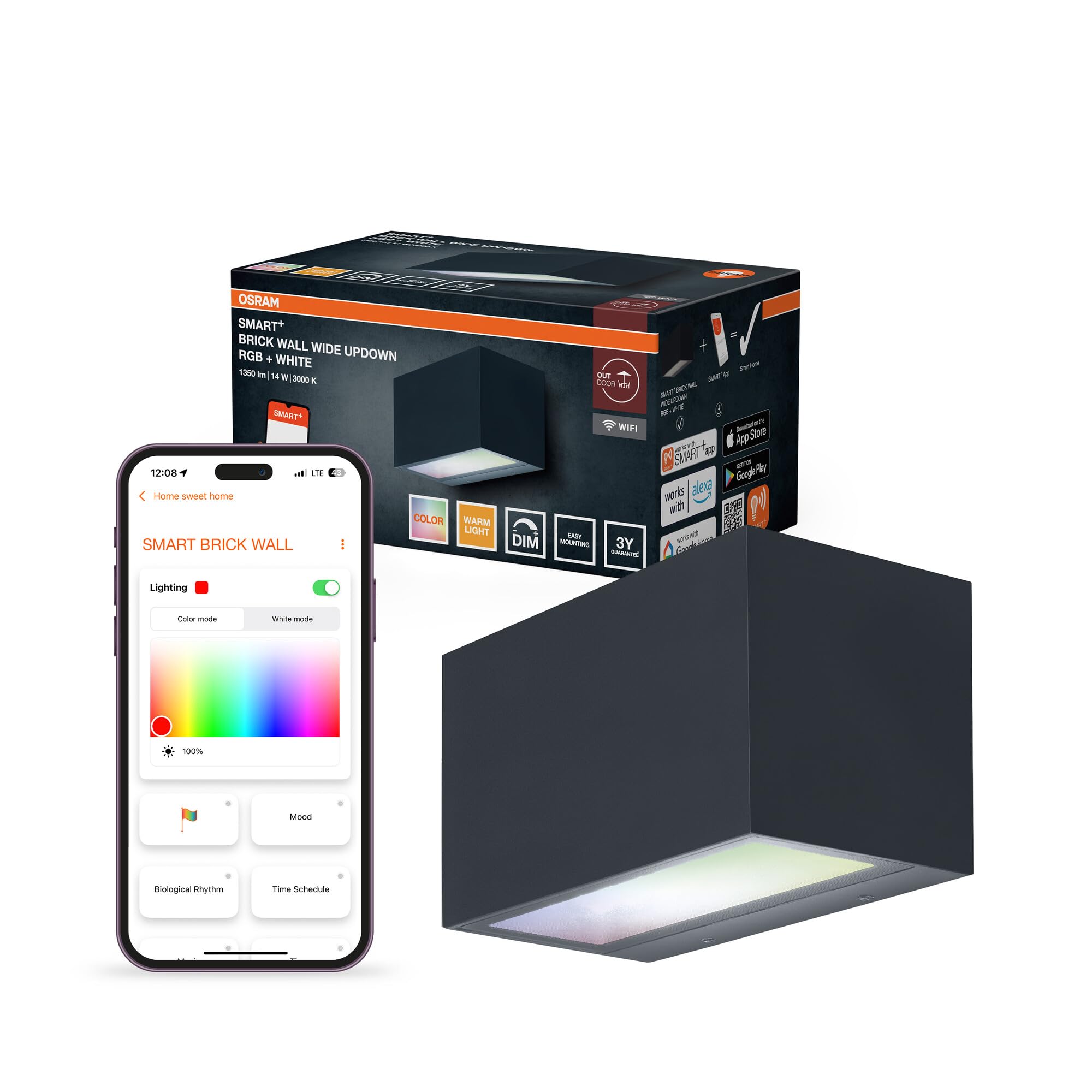 OSRAM SMART+ WiFi Brick Wide Lampa ścienna LED Up/Down Ciemnoszara, 14W, 600lm, RGB+W 3000K, WiFi, Alexa, IP44 Na zewnątrz