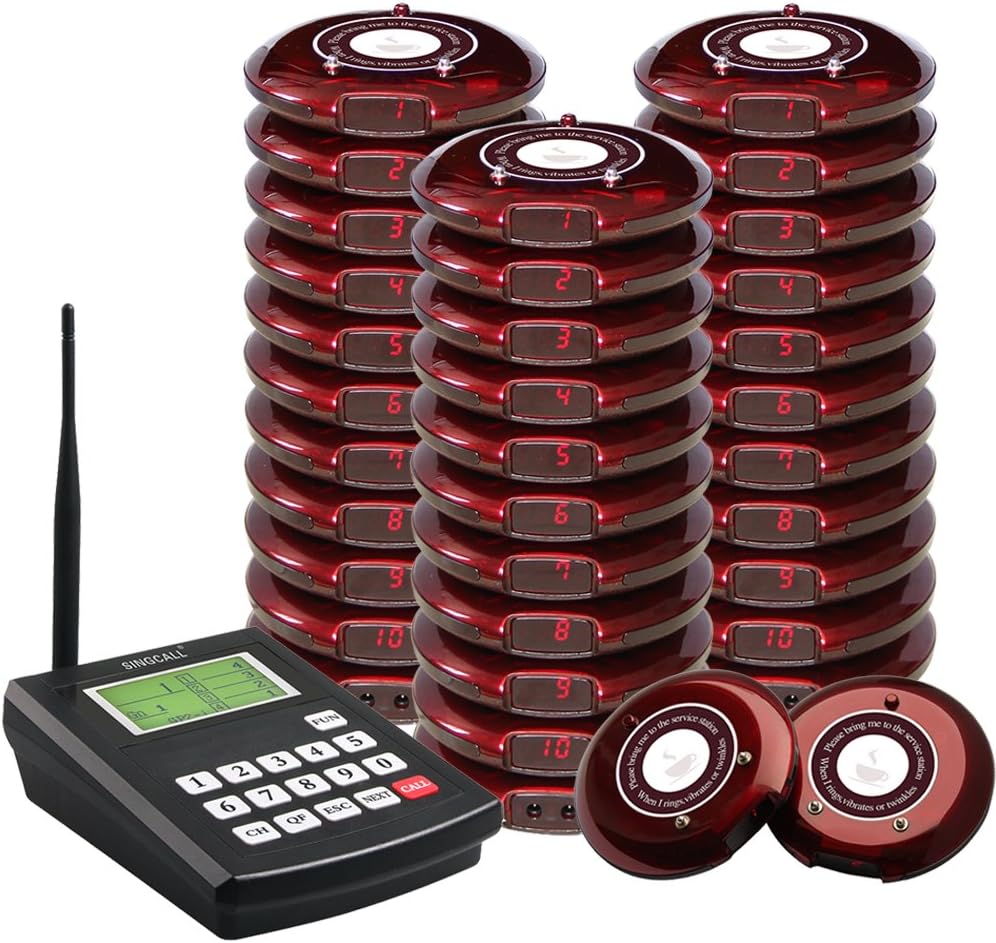 SINGCALL Coaster Paging System,Wireless Guest Paging & Queuing System,Notify Customers When The Dish is Ok, 1 Transmitter 30 Pagers(red)